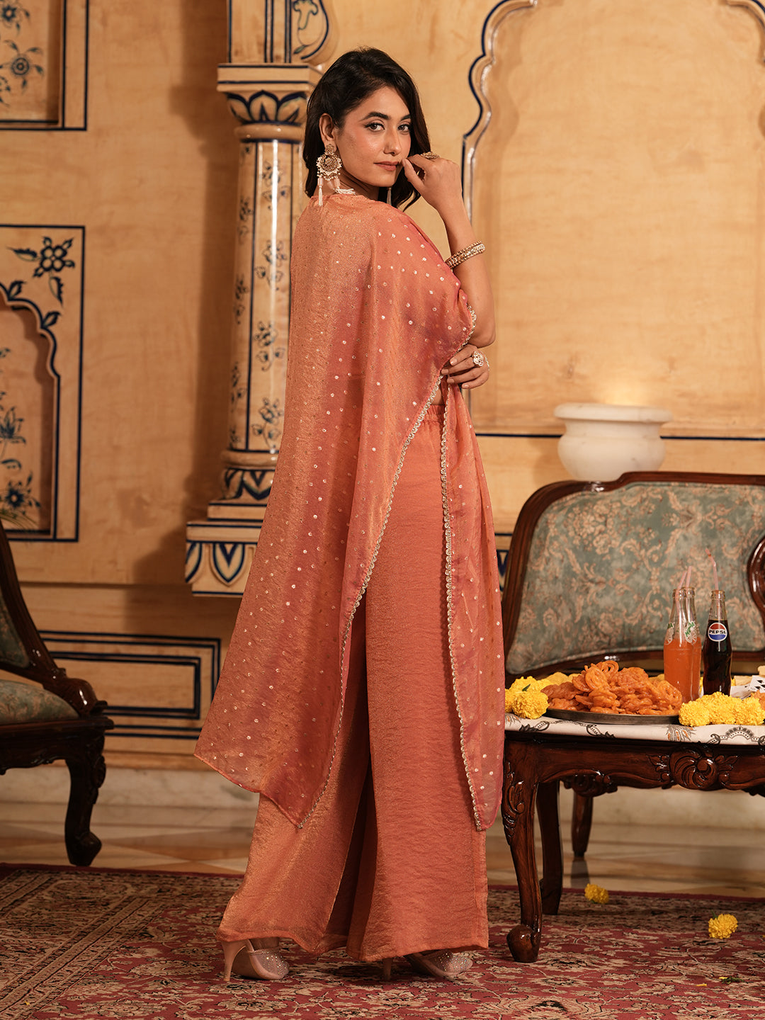 Women’s Pink Silk Embroidered Ethnic Shrug Palazzo Set