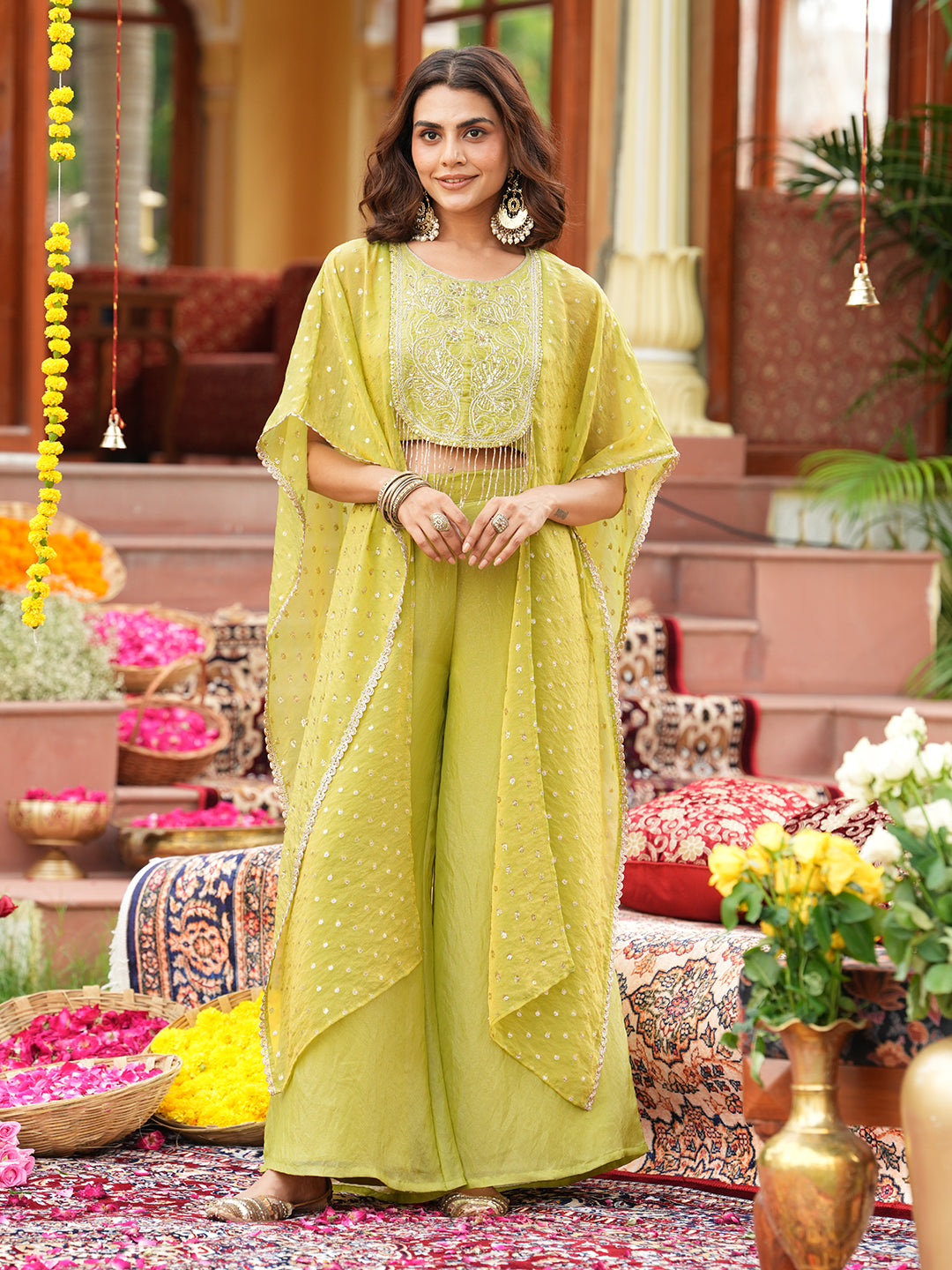 Green Silk Embroidered Shrug & Palazzo Set