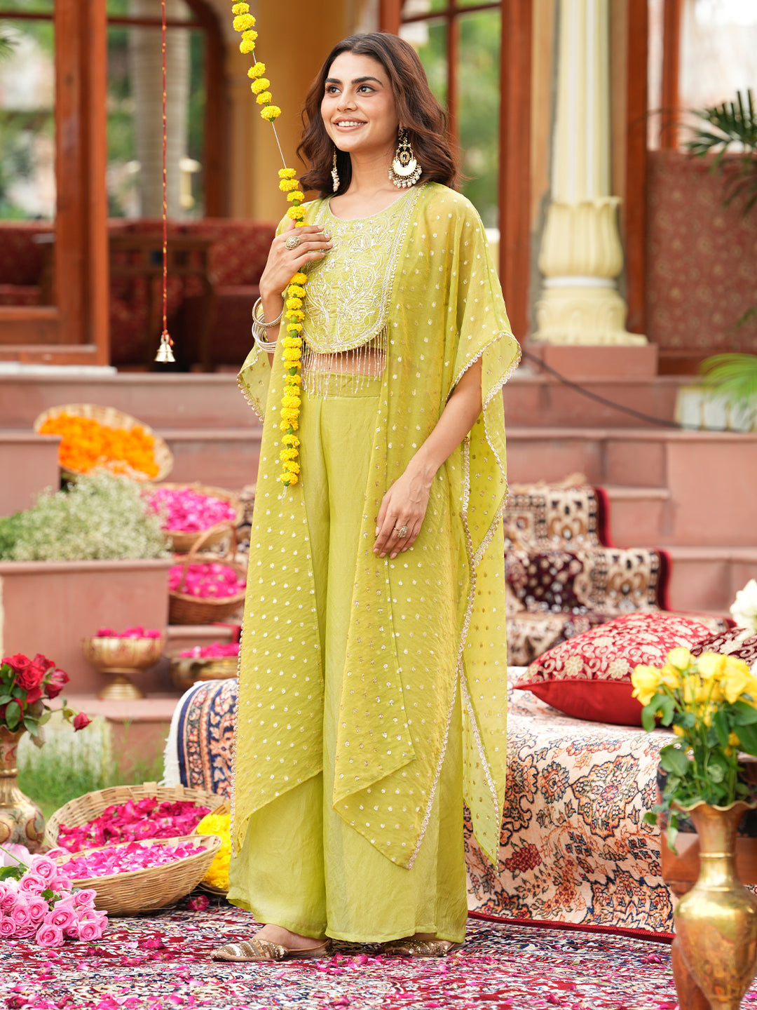 Green Silk Embroidered Shrug & Palazzo Set