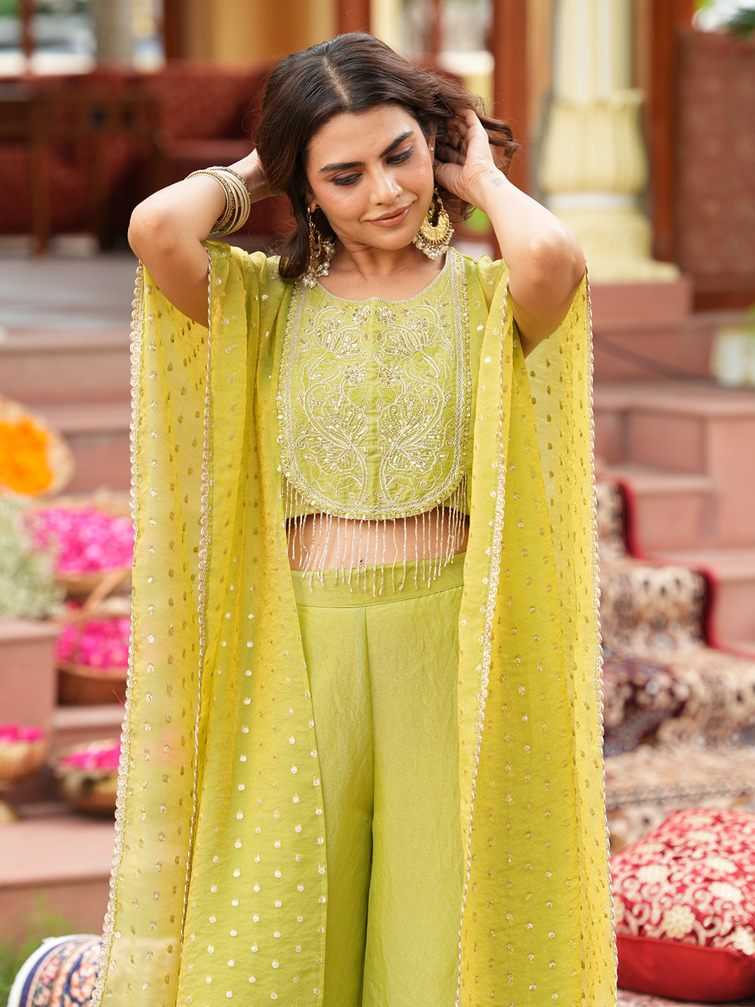 Green Silk Embroidered Shrug & Palazzo Set