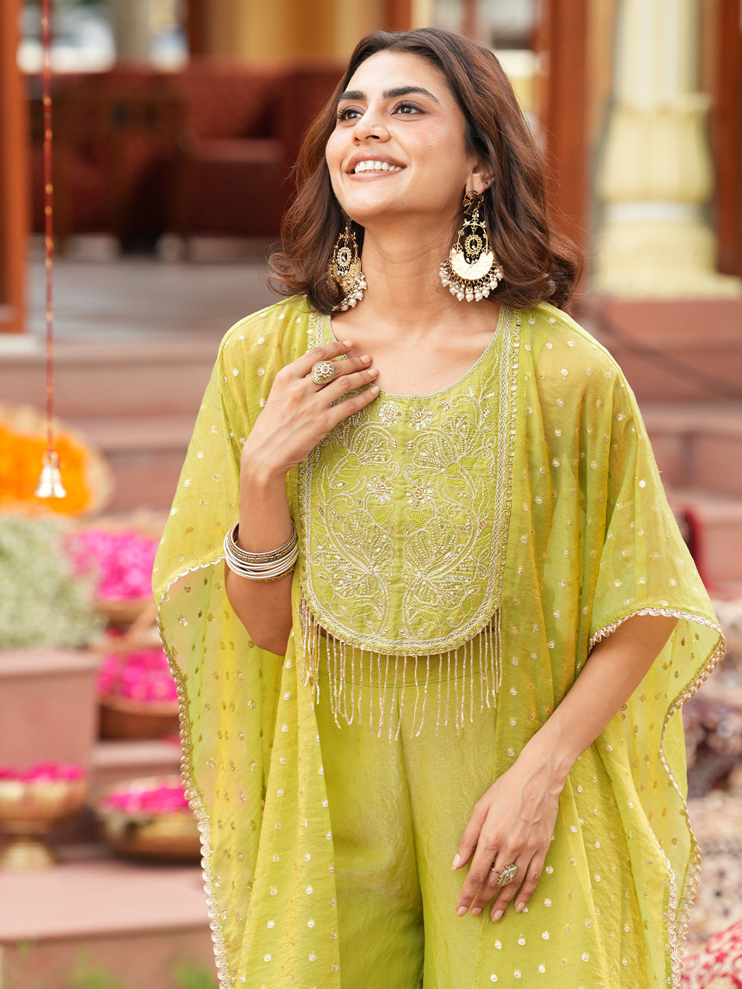 Green Silk Embroidered Shrug & Palazzo Set
