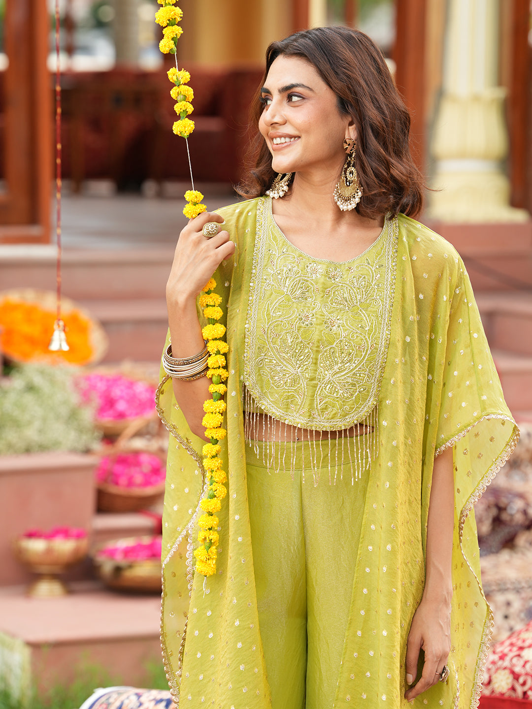 Green Silk Embroidered Shrug & Palazzo Set