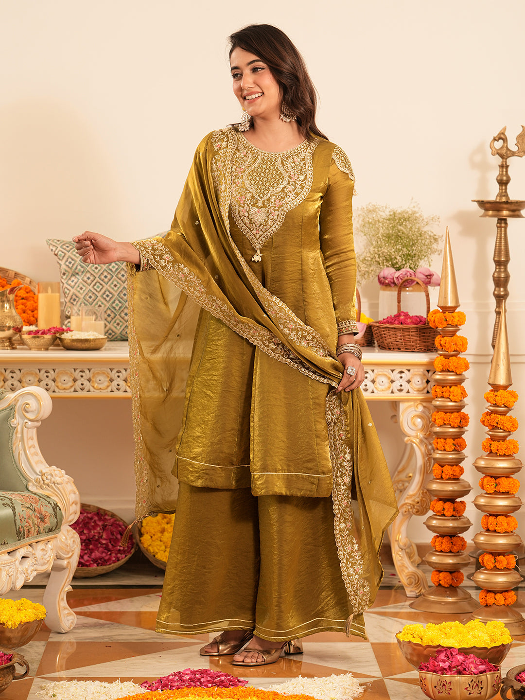 Golden Silk Embroidered Anarkali Suit Set
