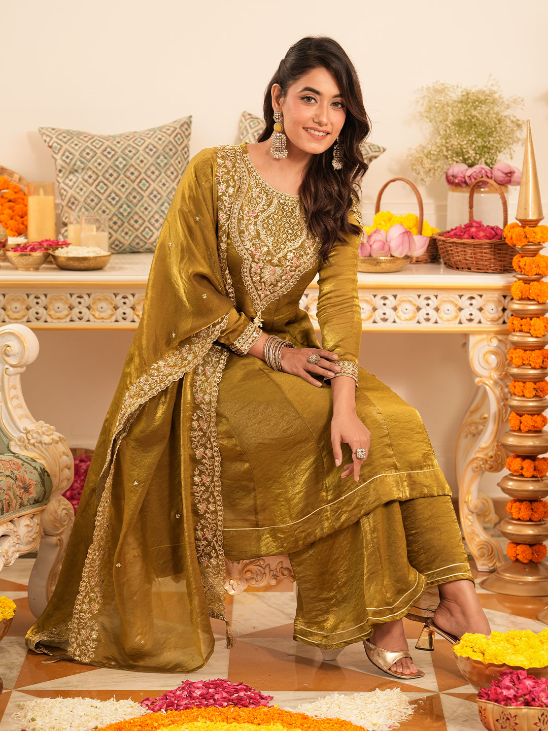 Golden Silk Embroidered Anarkali Suit Set