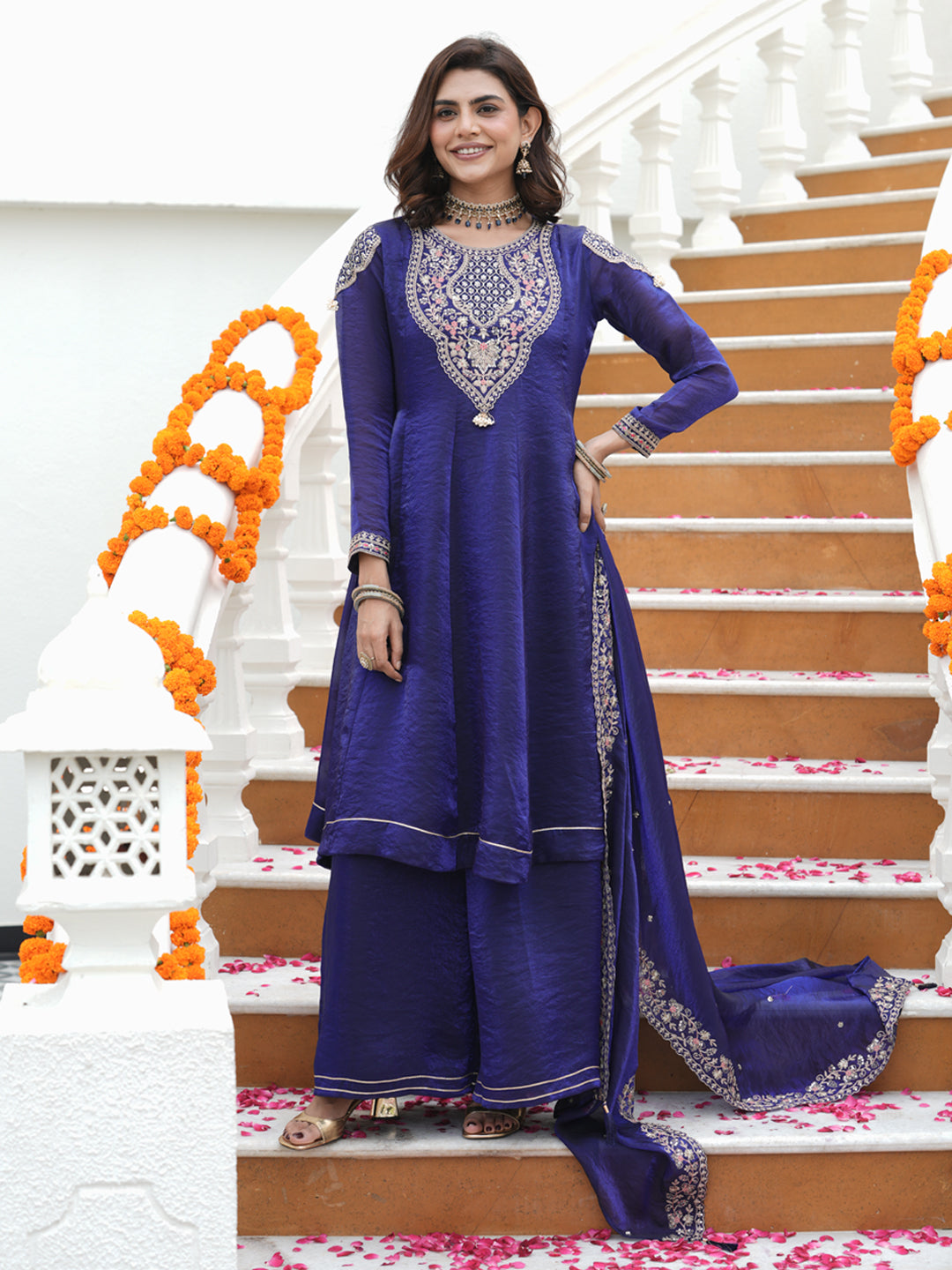 Royal Blue Silk Embroidered Anarkali Set With Dupatta