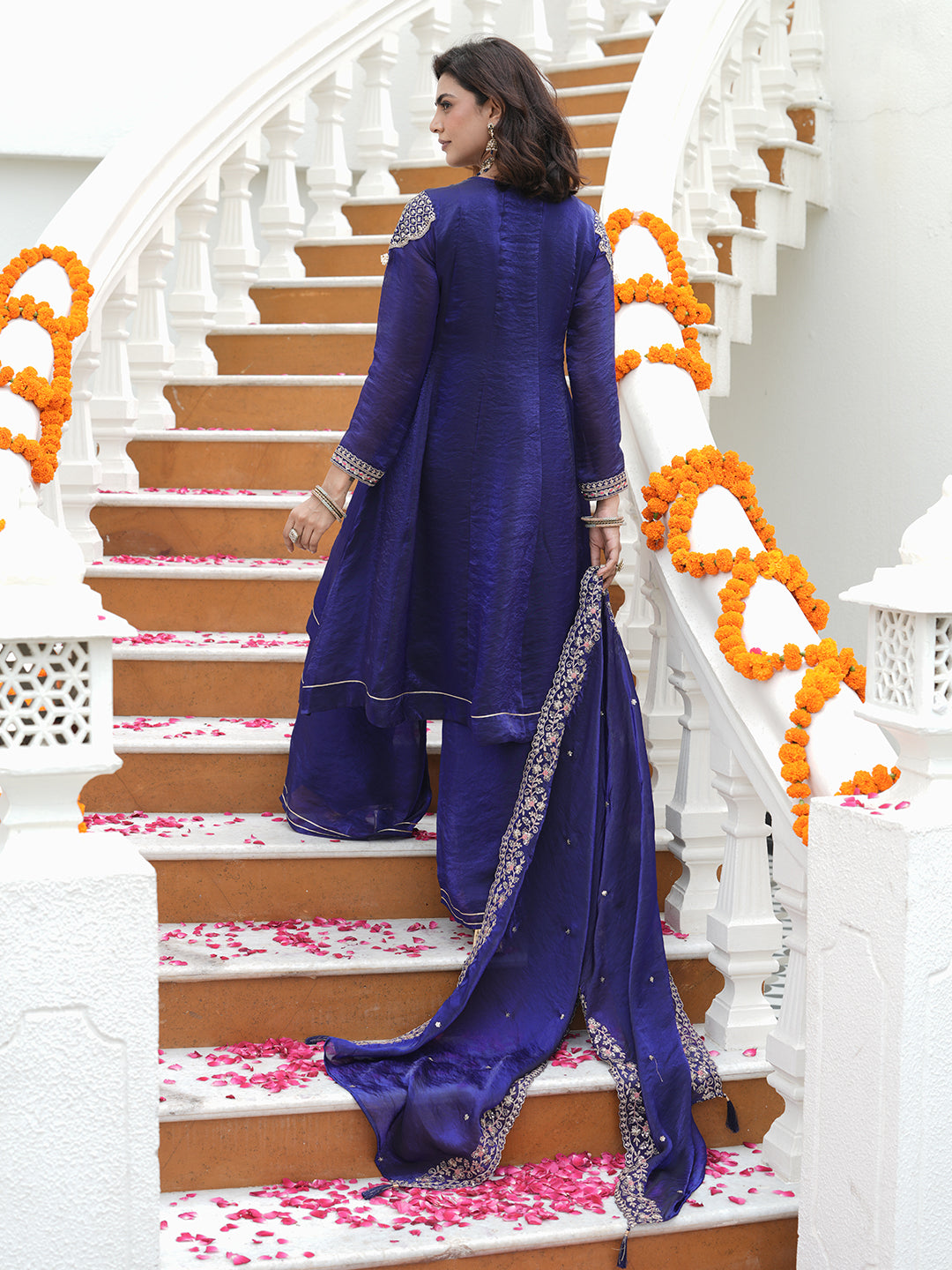 Royal Blue Silk Embroidered Anarkali Set With Dupatta