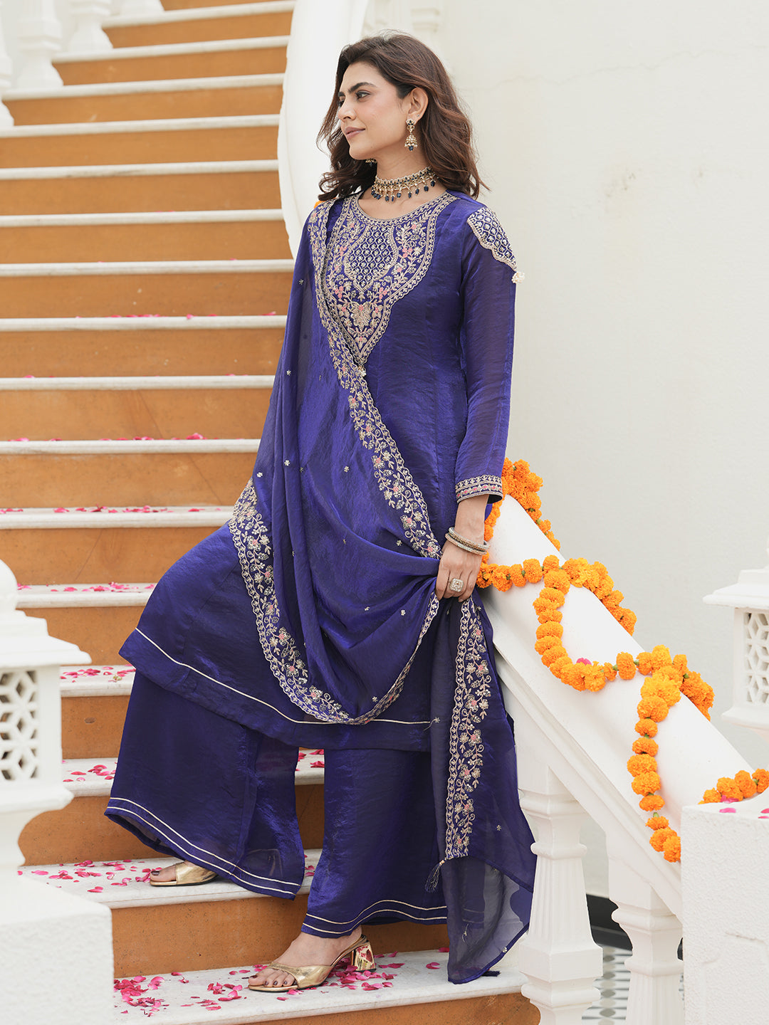 Royal Blue Silk Embroidered Anarkali Set With Dupatta