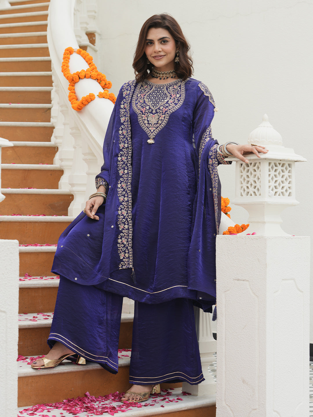 Royal Blue Silk Embroidered Anarkali Set With Dupatta