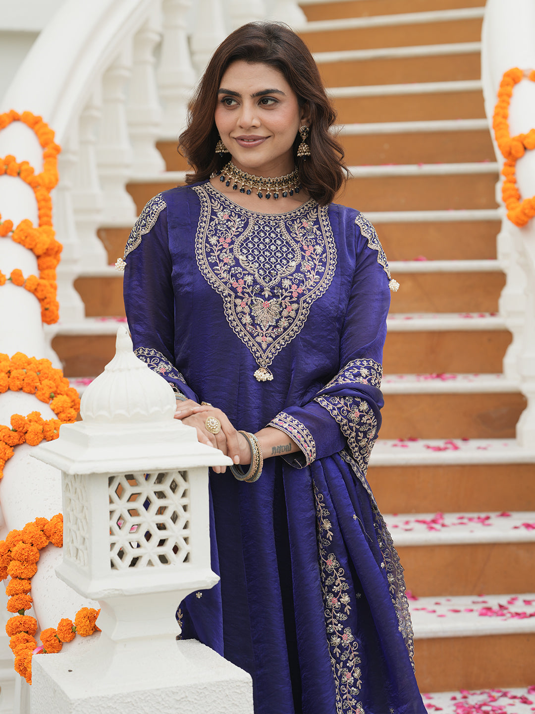 Royal Blue Silk Embroidered Anarkali Set With Dupatta