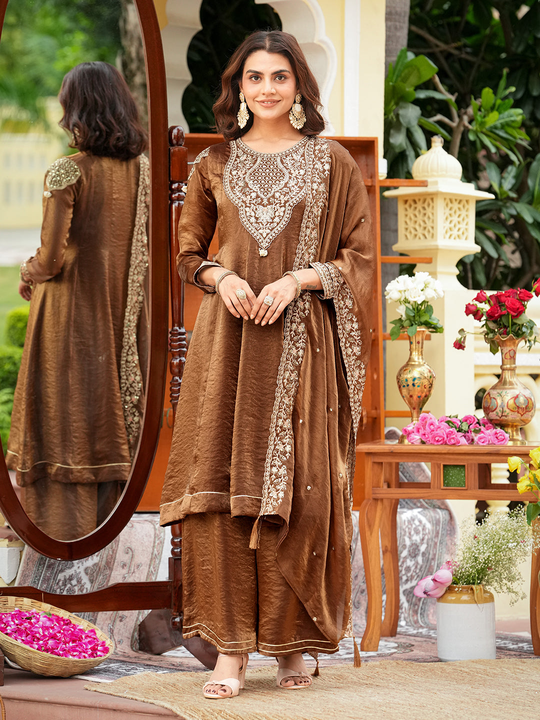 Brown Silk Embroidered Anarkali Set