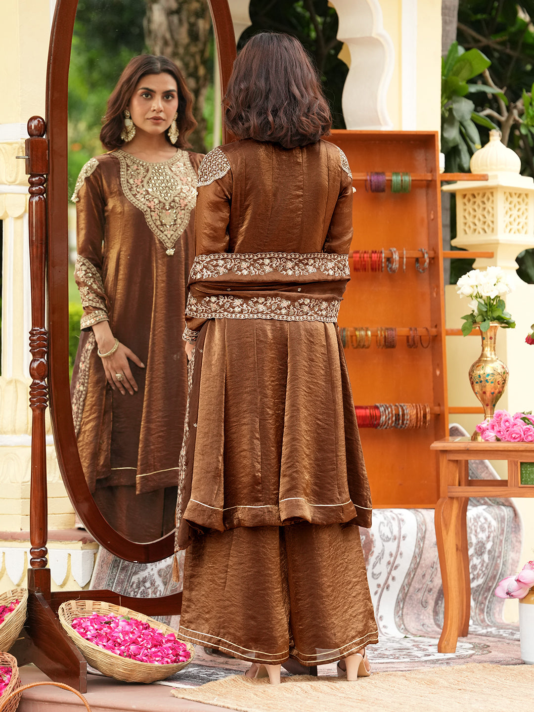 Brown Silk Embroidered Anarkali Set