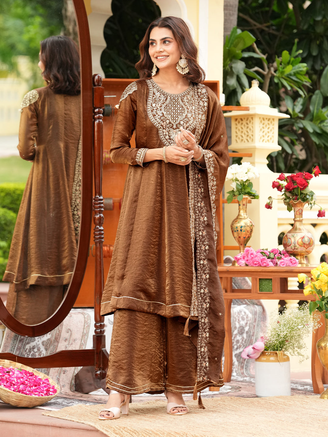 Brown Silk Embroidered Anarkali Set