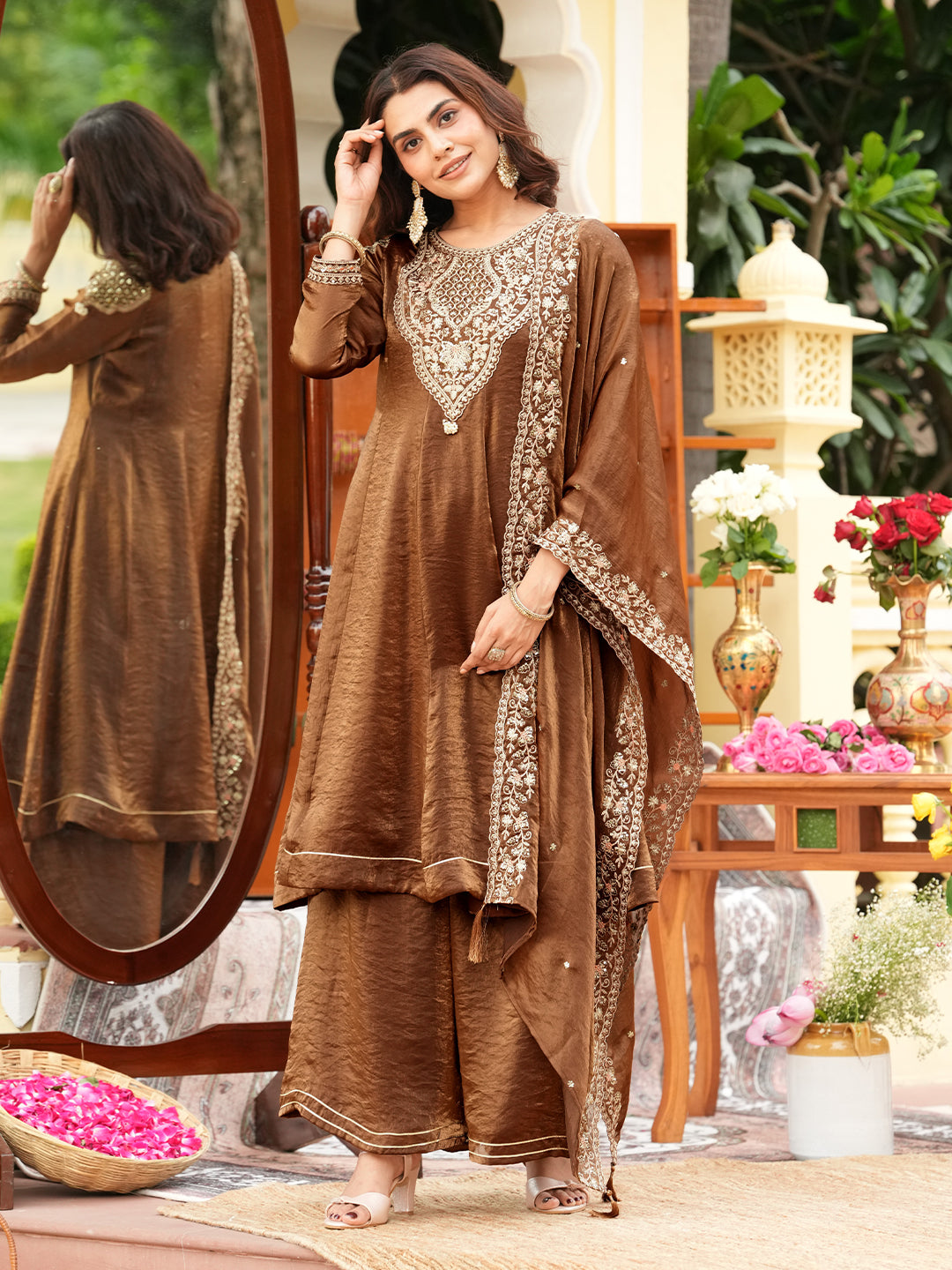 Brown Silk Embroidered Anarkali Set