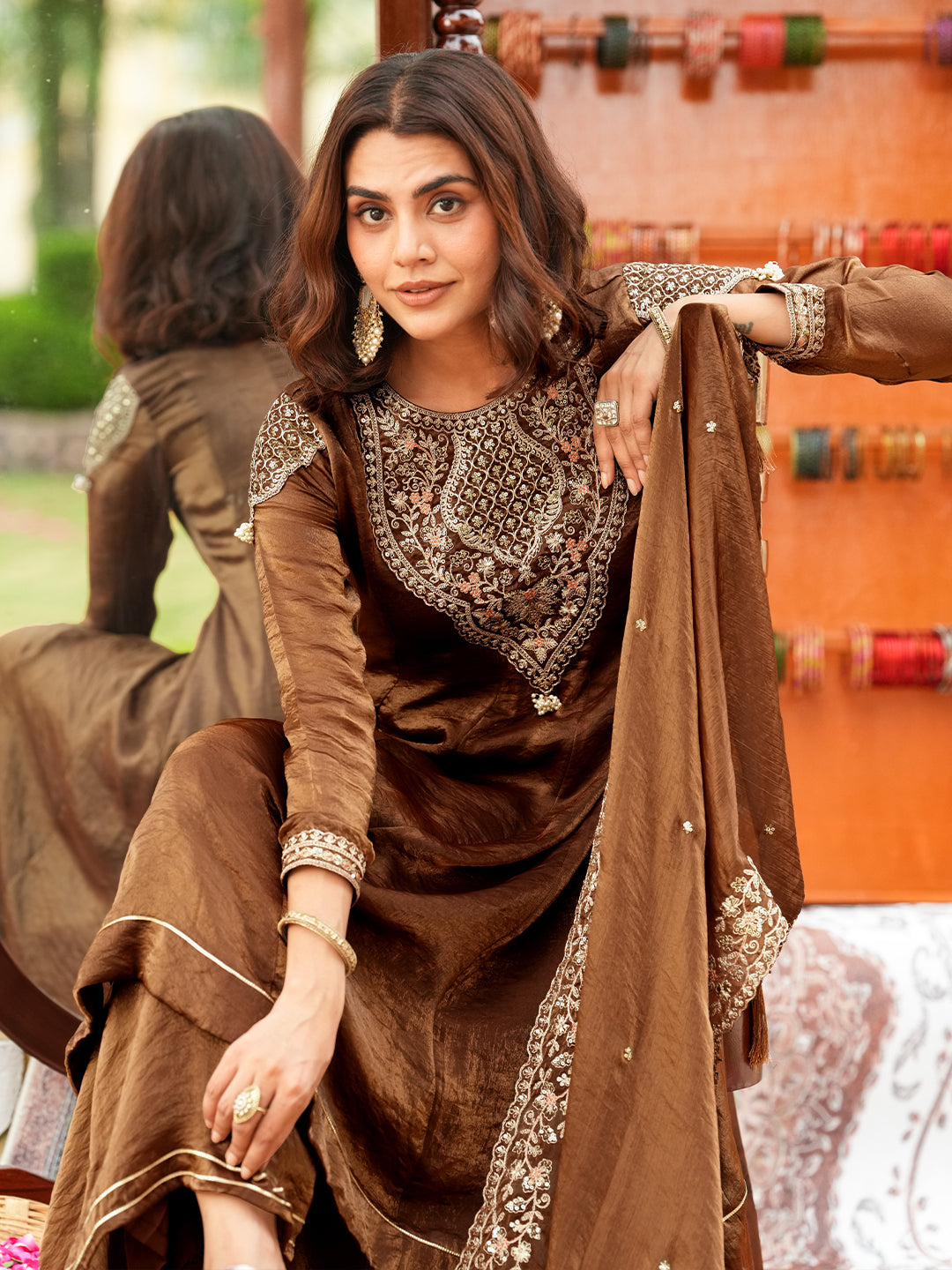 Brown Silk Embroidered Anarkali Set