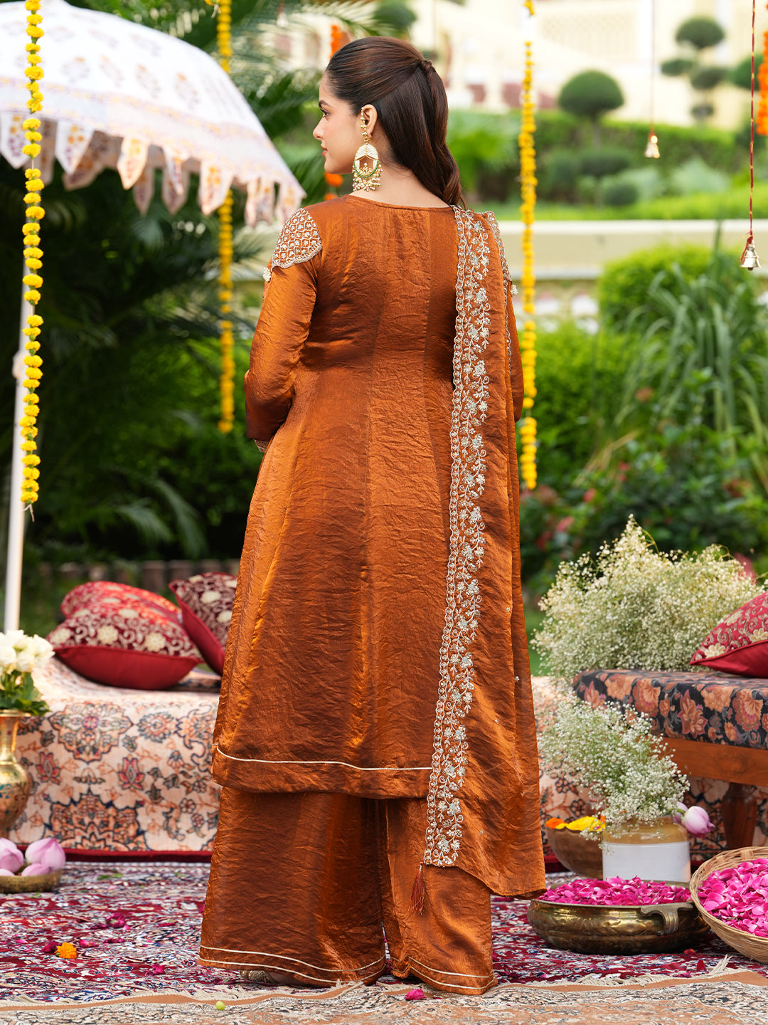 Rust Silk Handwork Embroidered Anarkali Set