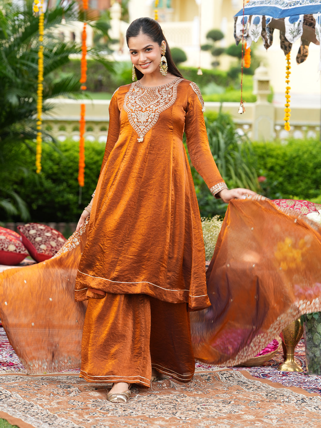 Rust Silk Handwork Embroidered Anarkali Set