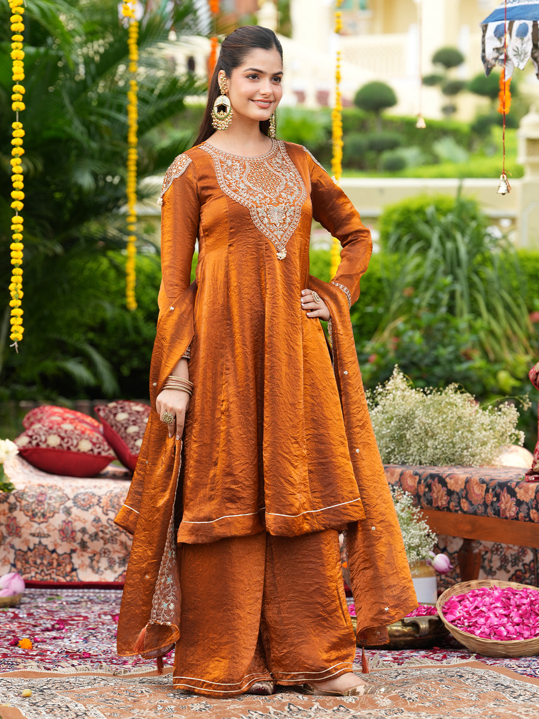 Rust Silk Handwork Embroidered Anarkali Set