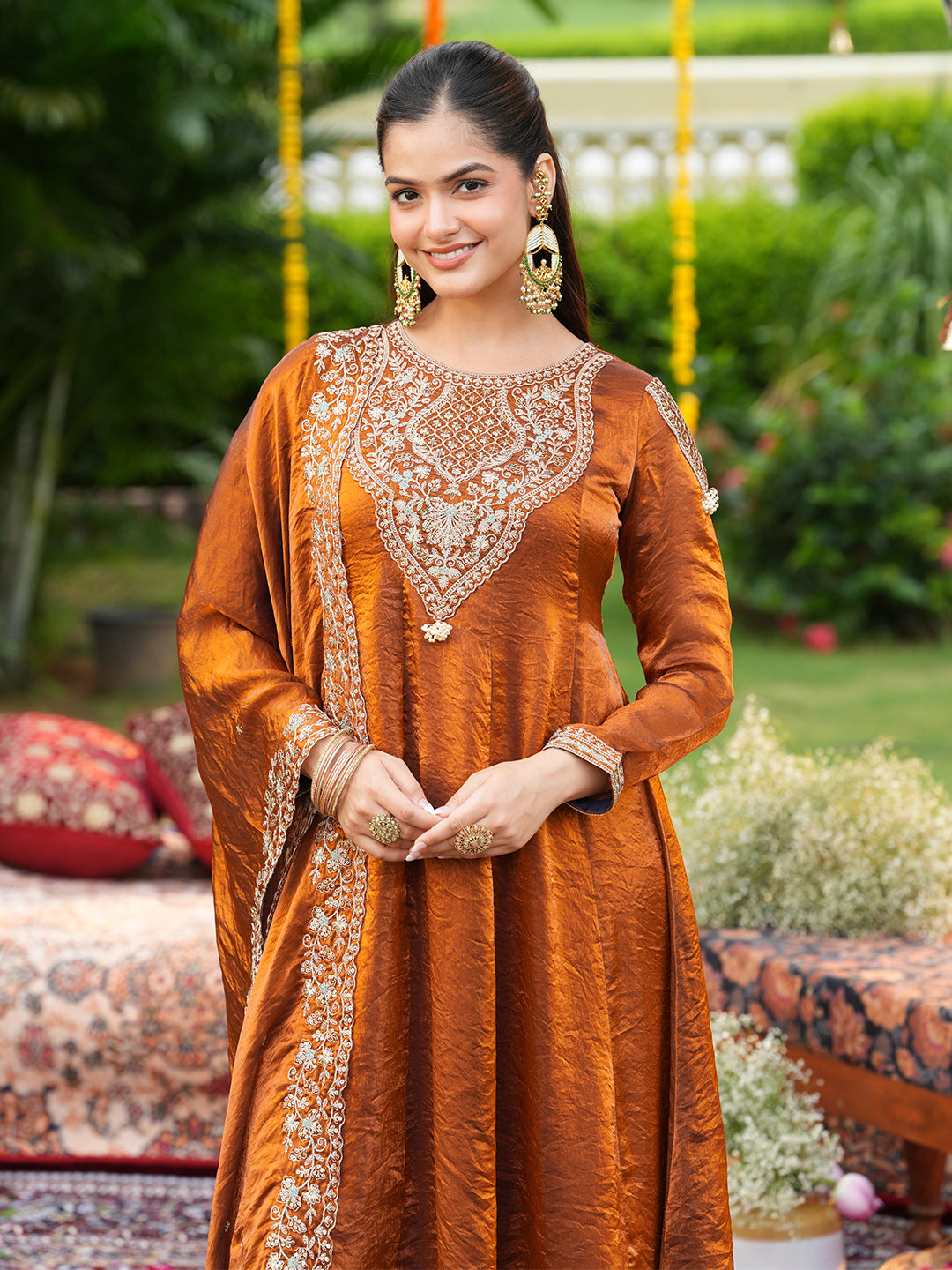 Rust Silk Handwork Embroidered Anarkali Set