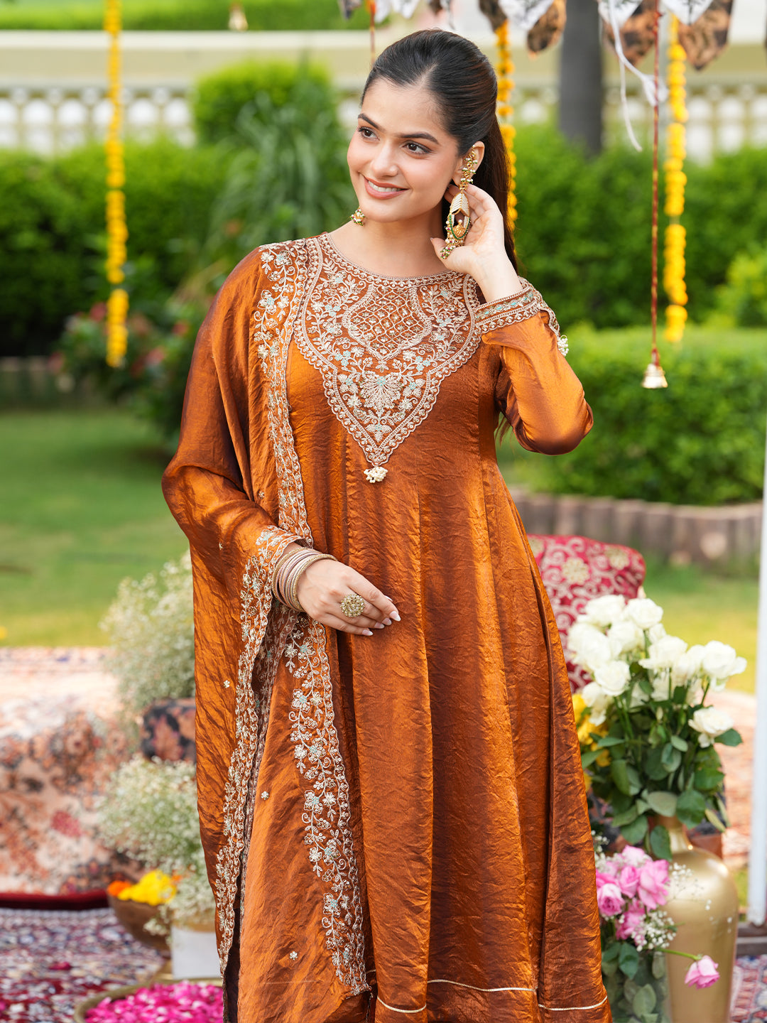 Rust Silk Handwork Embroidered Anarkali Set