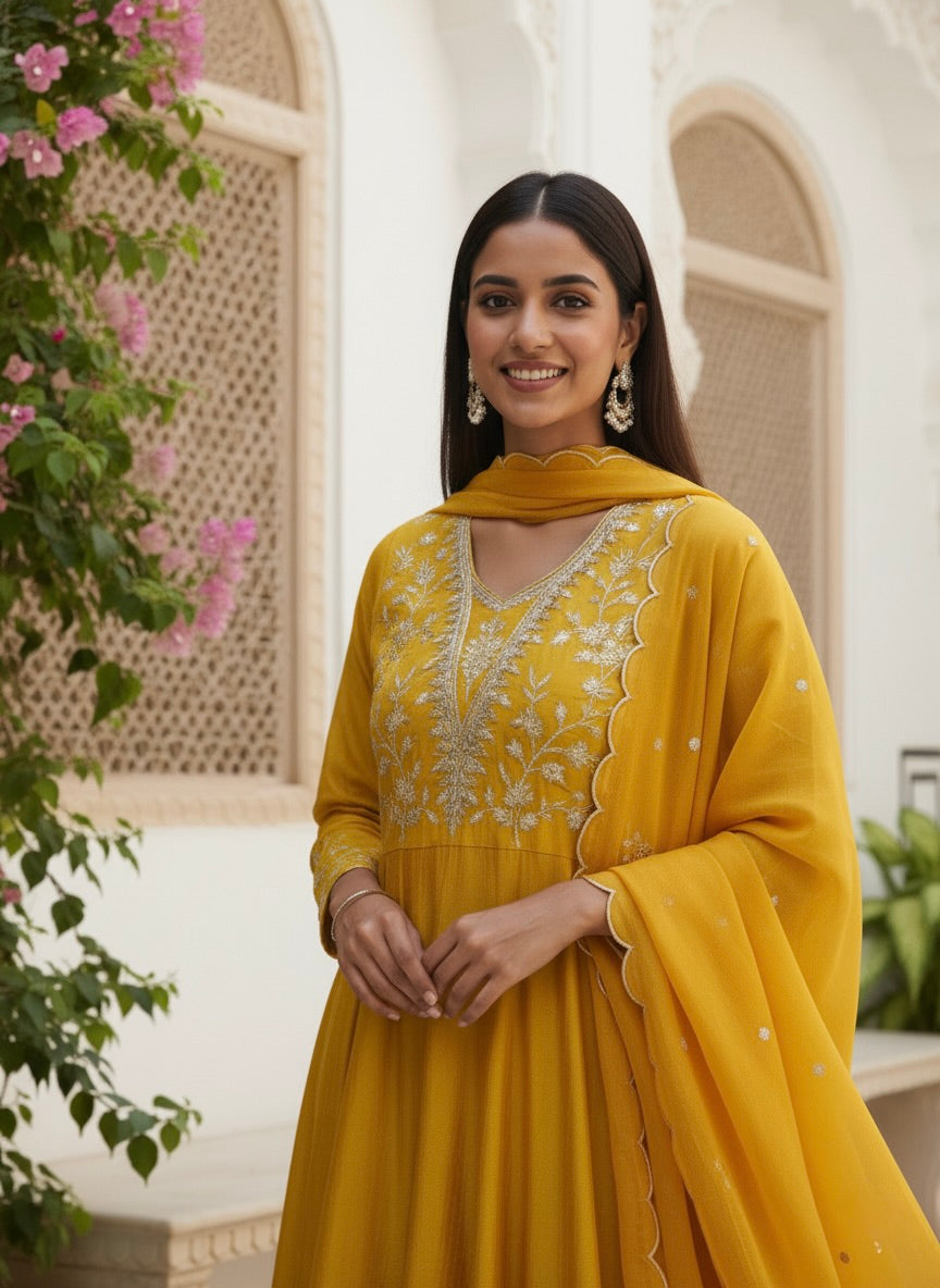 Mustard Embroidered Silk Anarkali Kurta With Dupatta Set
