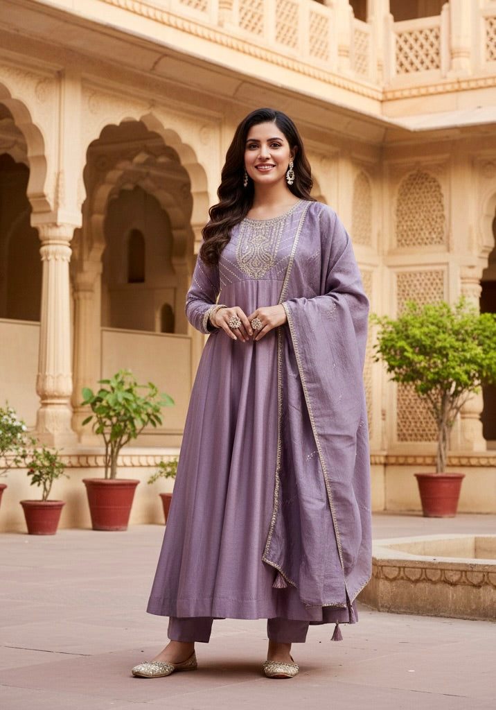 Dark Purple Embroidered Silk Anarkali Kurta With Dupatta Set