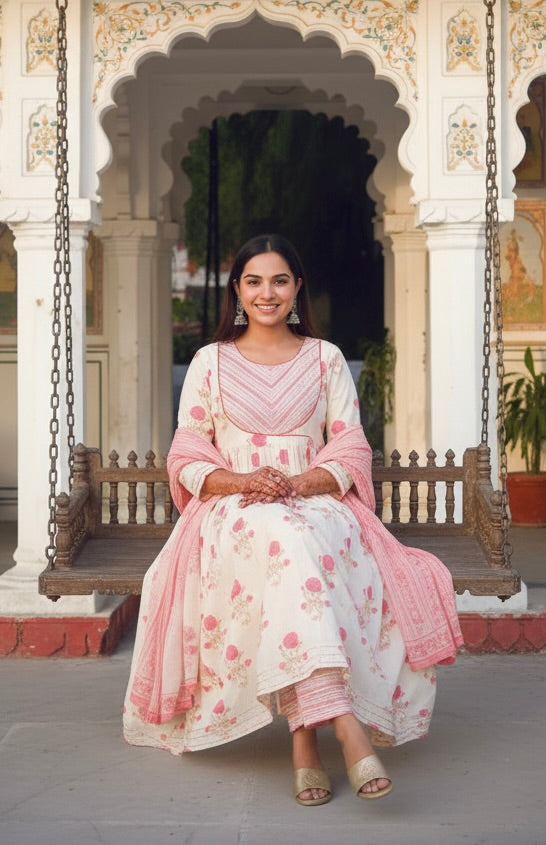 White and Pink Floral Print Cotton Anarkali Kurta With Pants And Dupatta