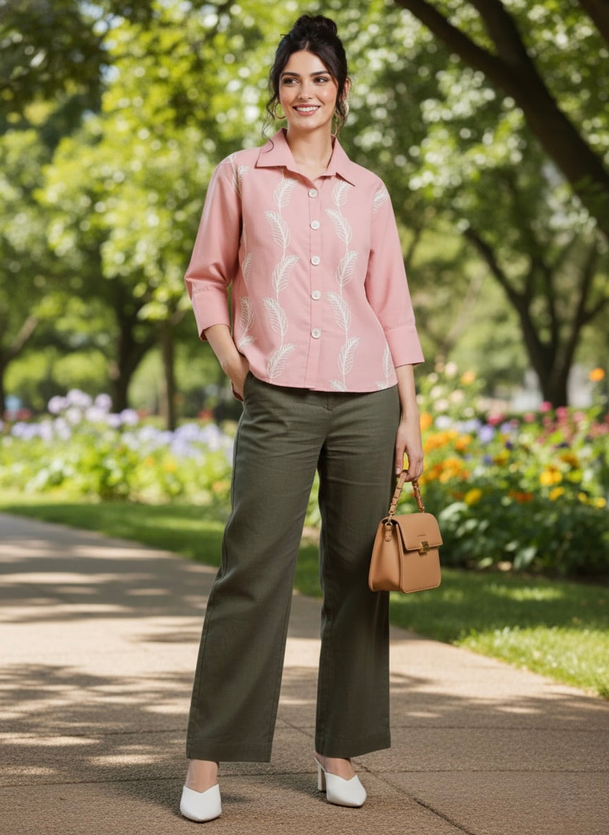 Baby Pink Embroidered Viscose Blend Shirt for Women