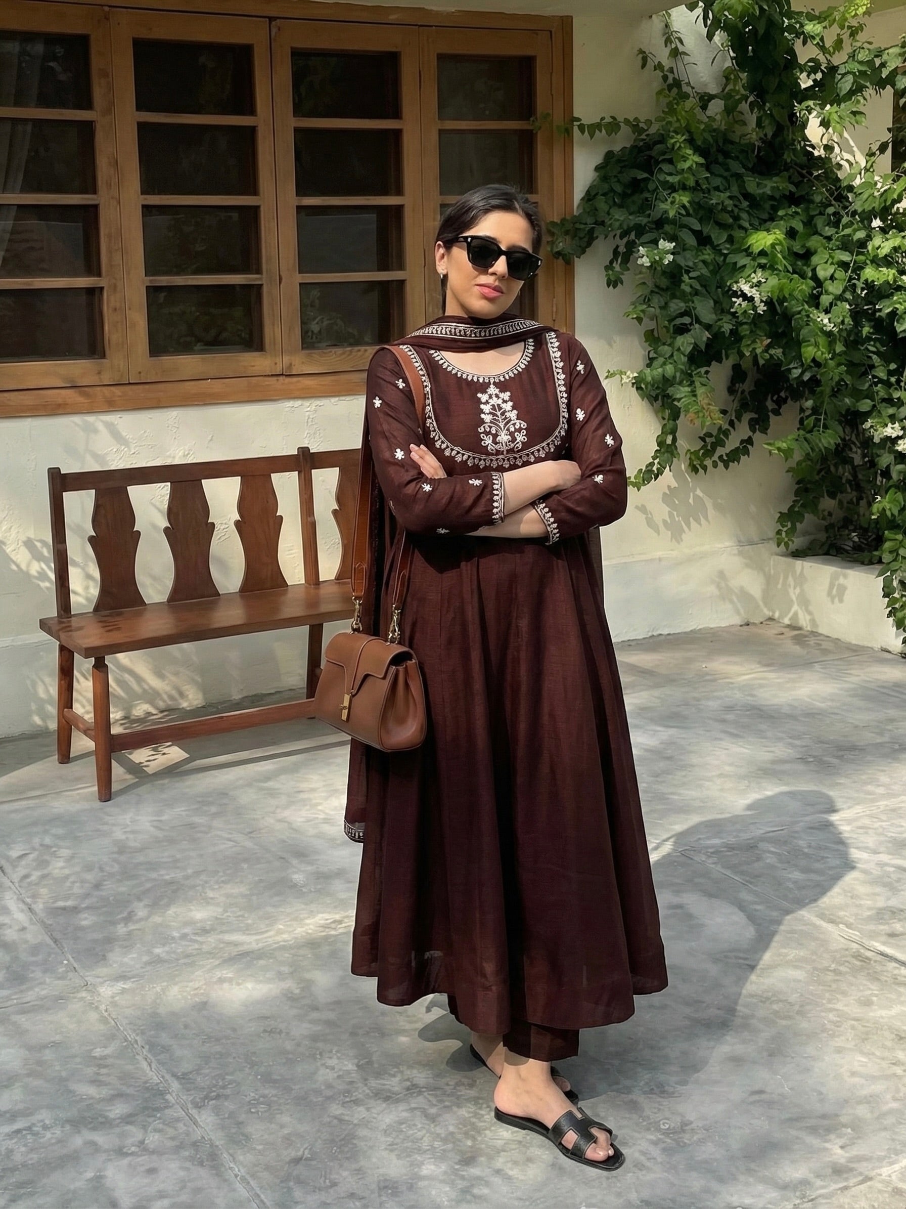 Coffee Embroidered Silk Anarkali Kurta With Dupatta Set