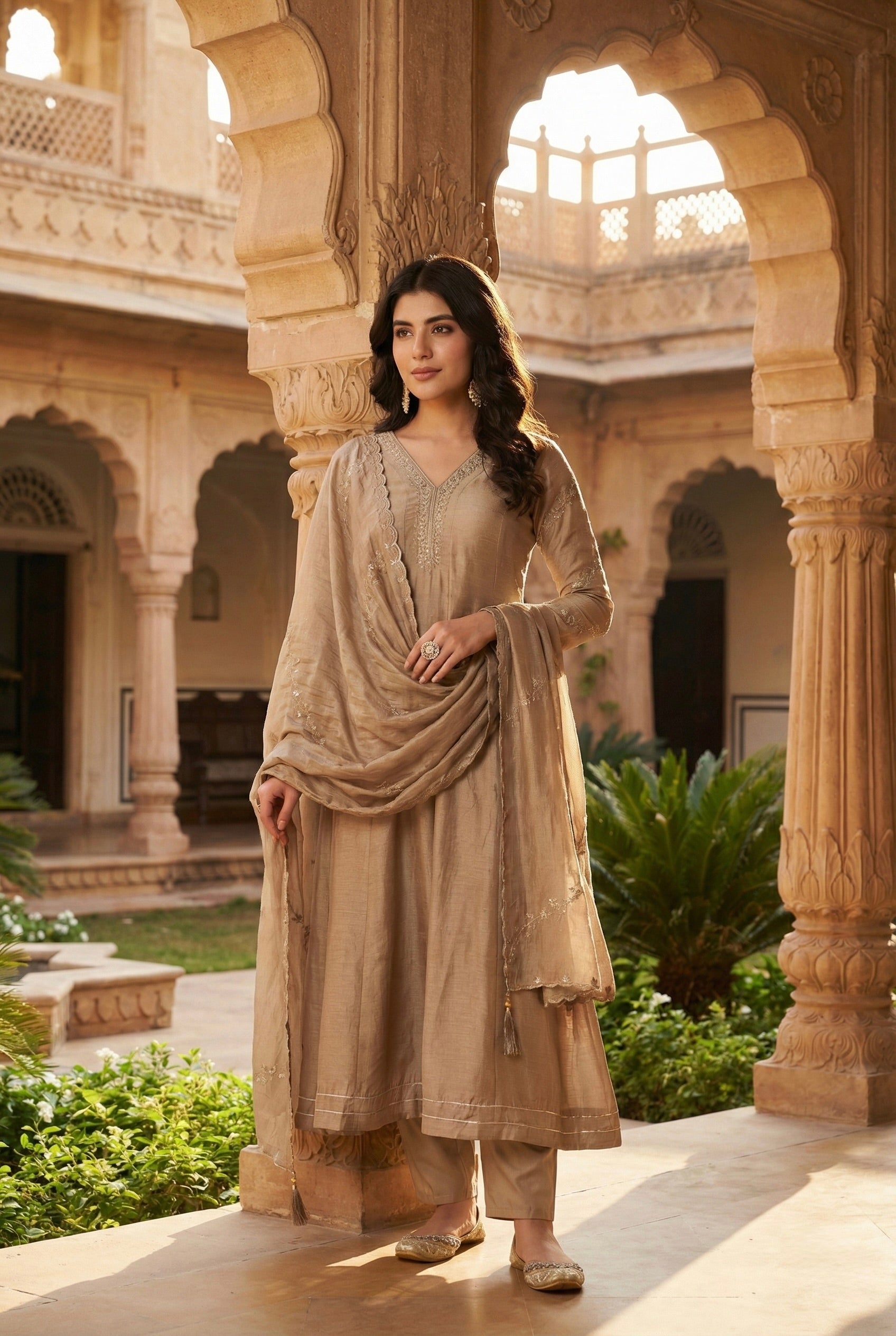 Beige Silk Embroidered Anarkali Kurta with Dupatta Set