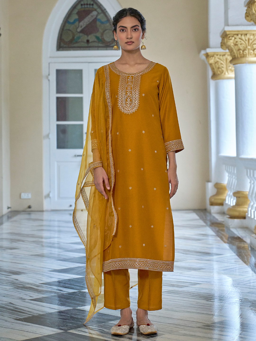 Dark Mustard Chinon solid Embroidered Kurta set with dupatta for women