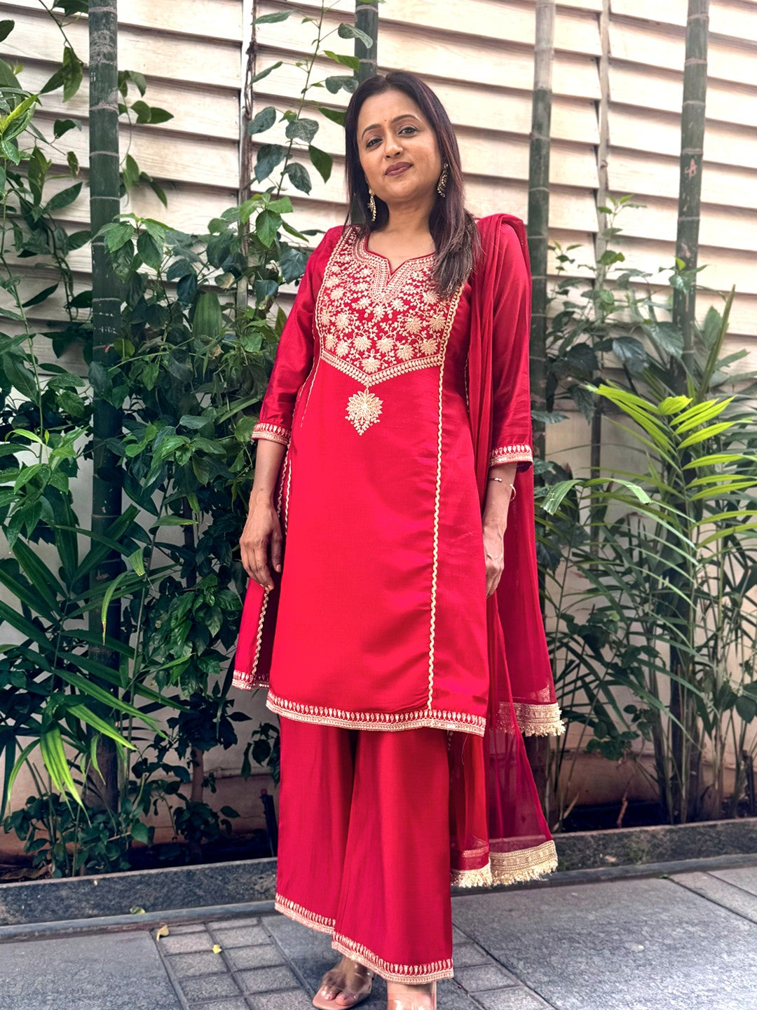 Red Silk Embroidered Anarkali Kurta Set with Dupatta
