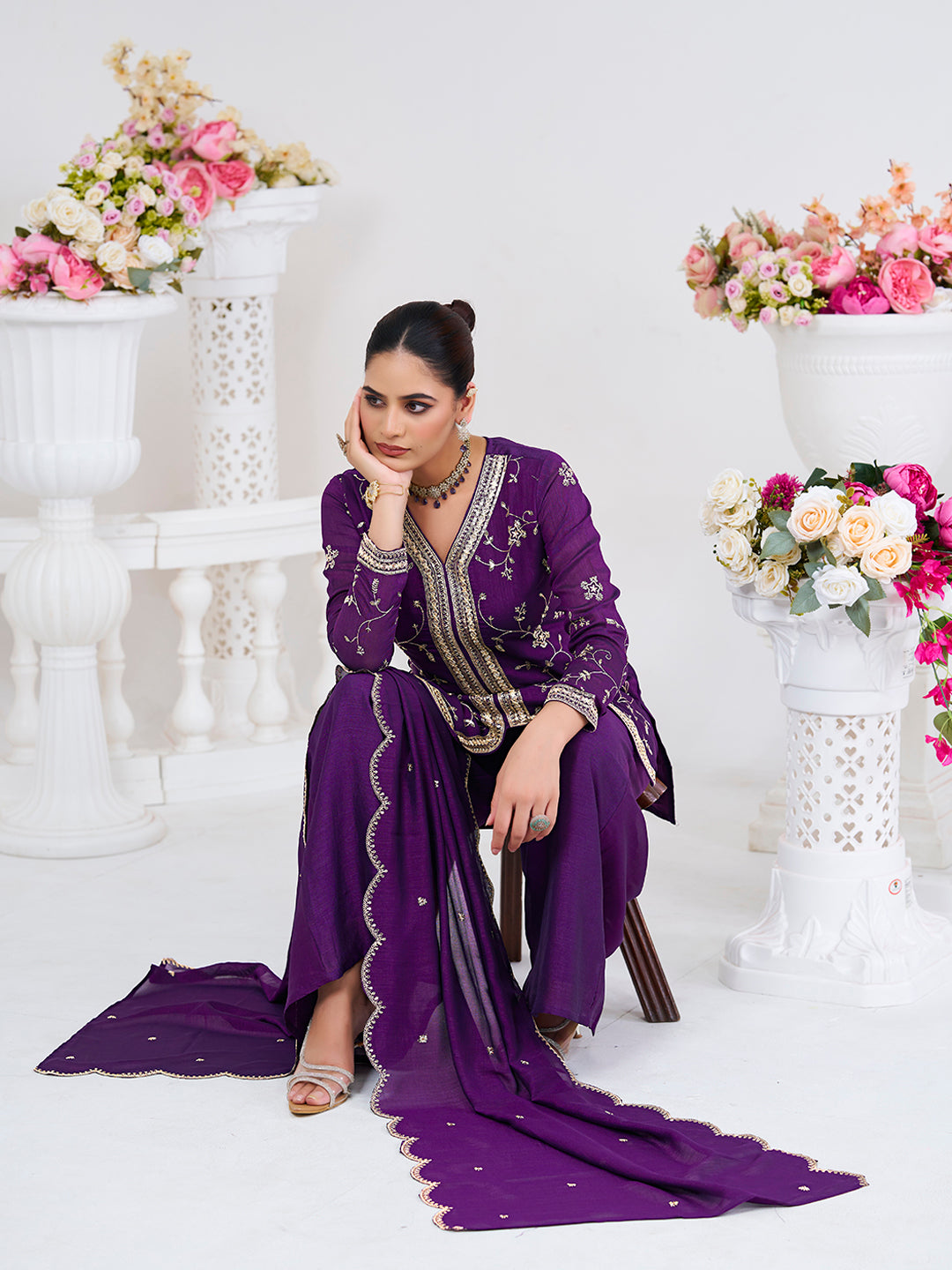 Violet Embroidered Peplum Top with Sharara Set