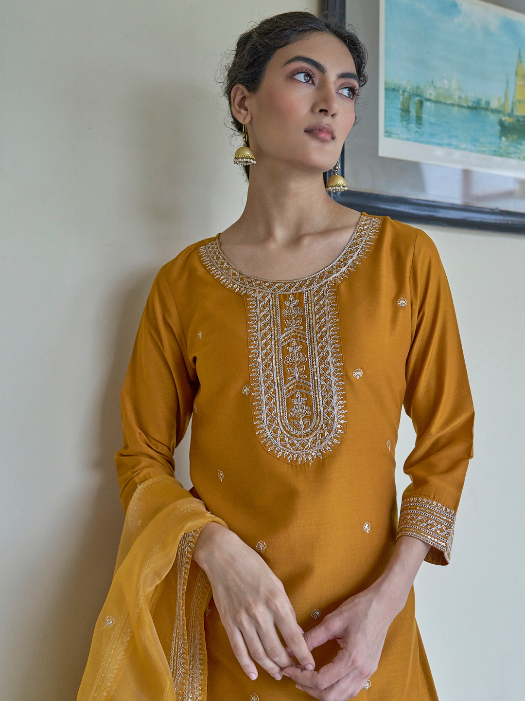 Dark Mustard Chinon solid Embroidered Kurta set with dupatta for women