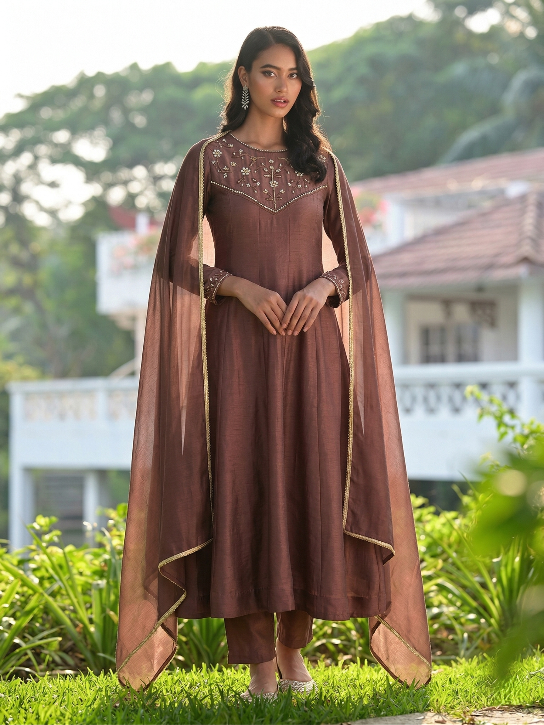 Berry Silk Embroidered Anarkali kurta with dupatta set