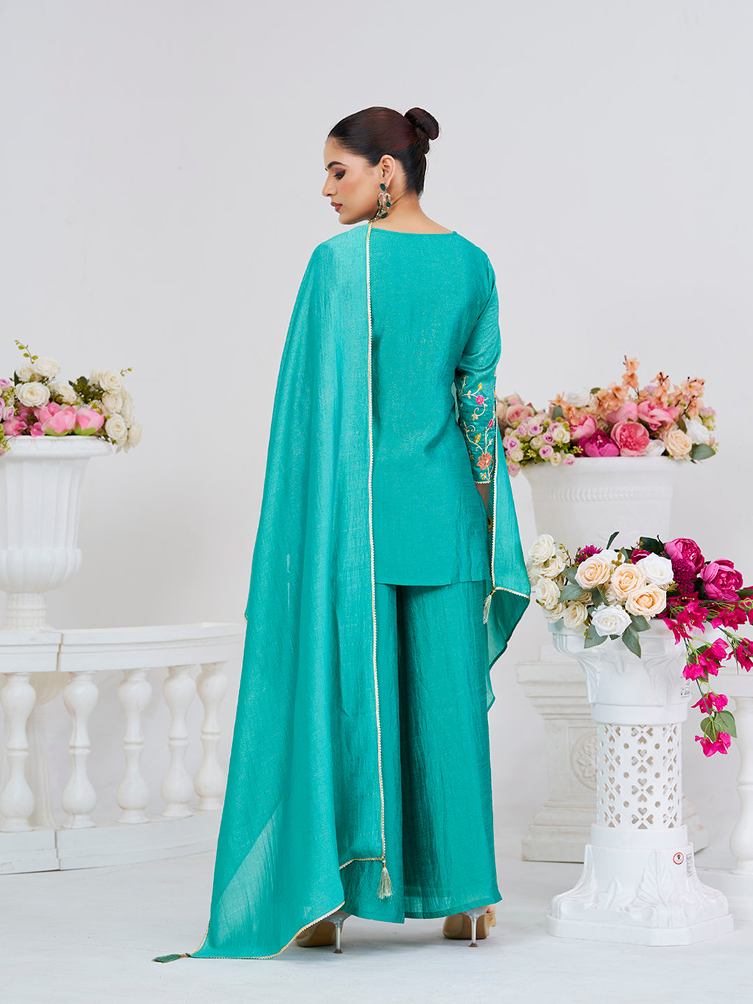 C Green Embroidered Peplum Top with Sharara Set