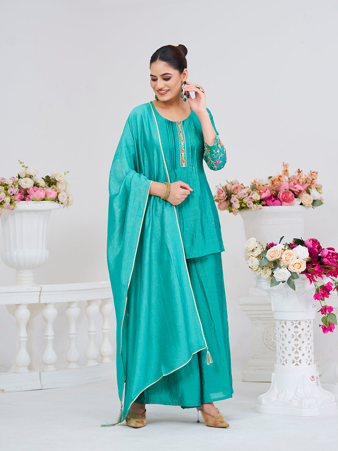 C Green Embroidered Peplum Top with Sharara Set