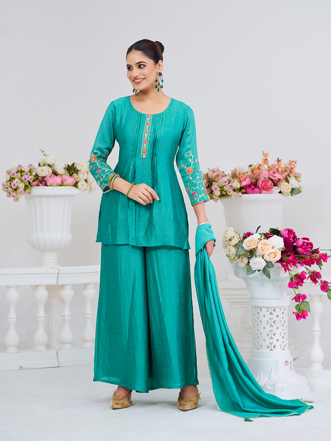 C Green Embroidered Peplum Top with Sharara Set