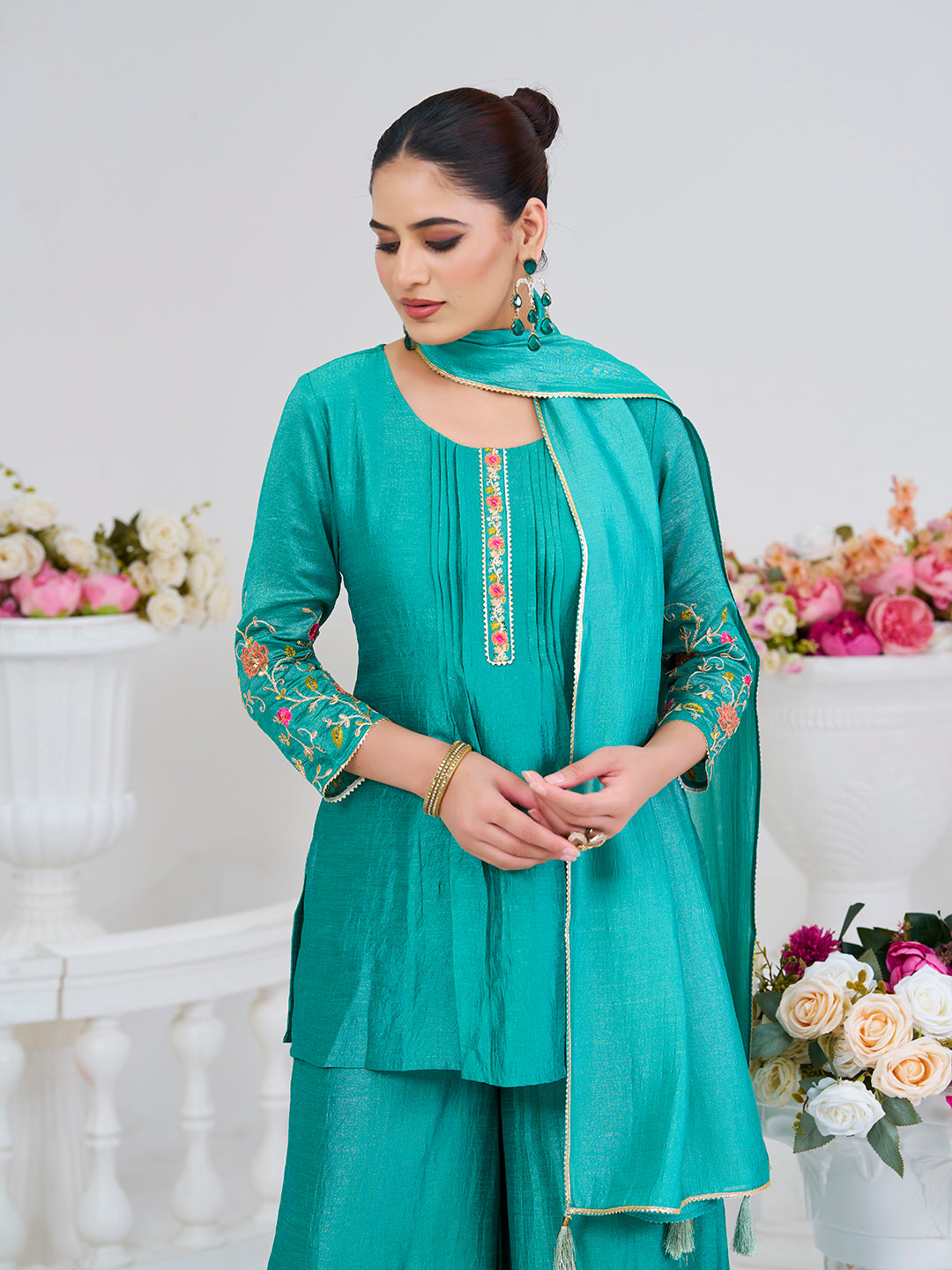 C Green Embroidered Peplum Top with Sharara Set