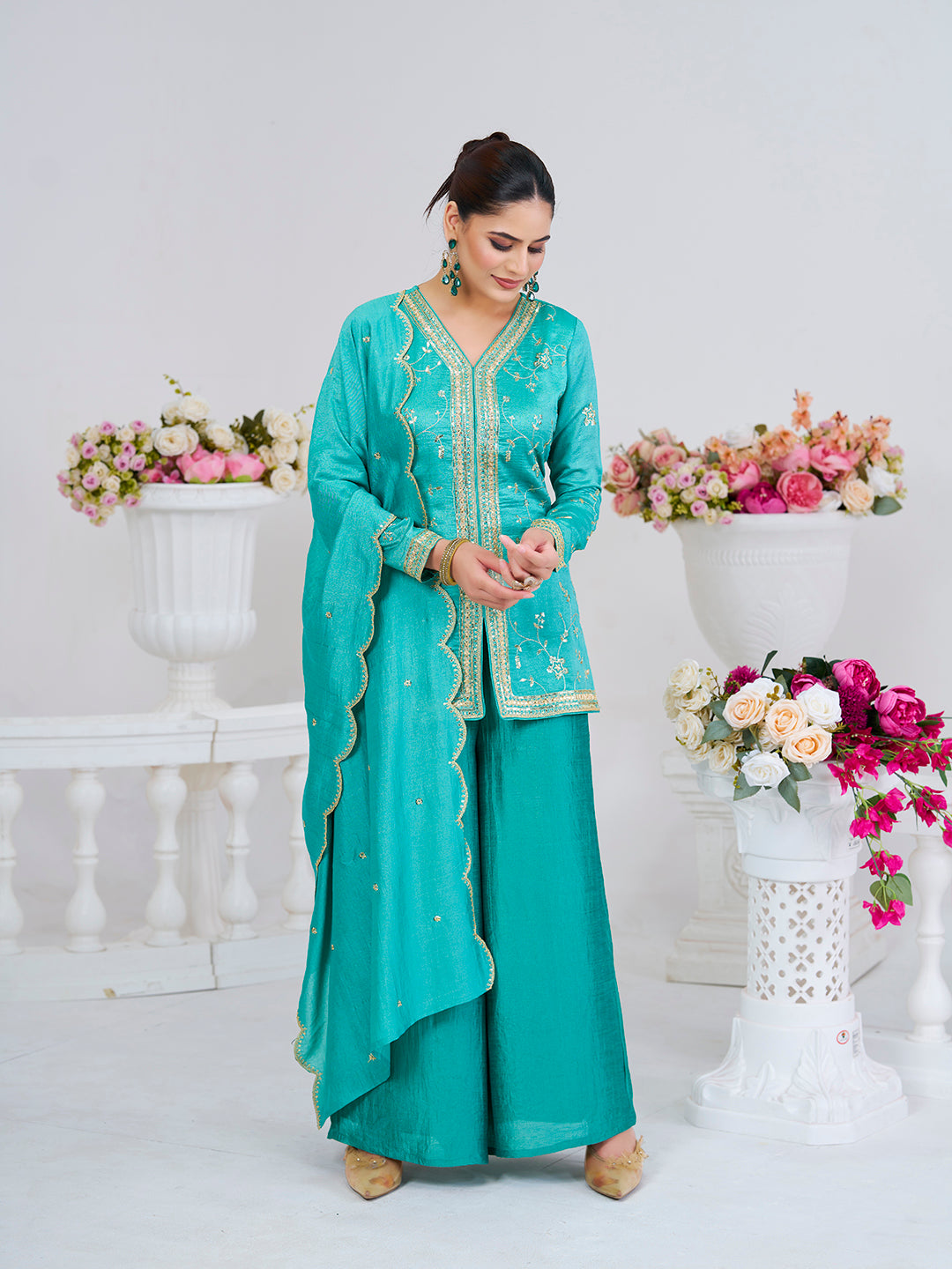 C-Green Embroidered Peplum Top with Sharara Set