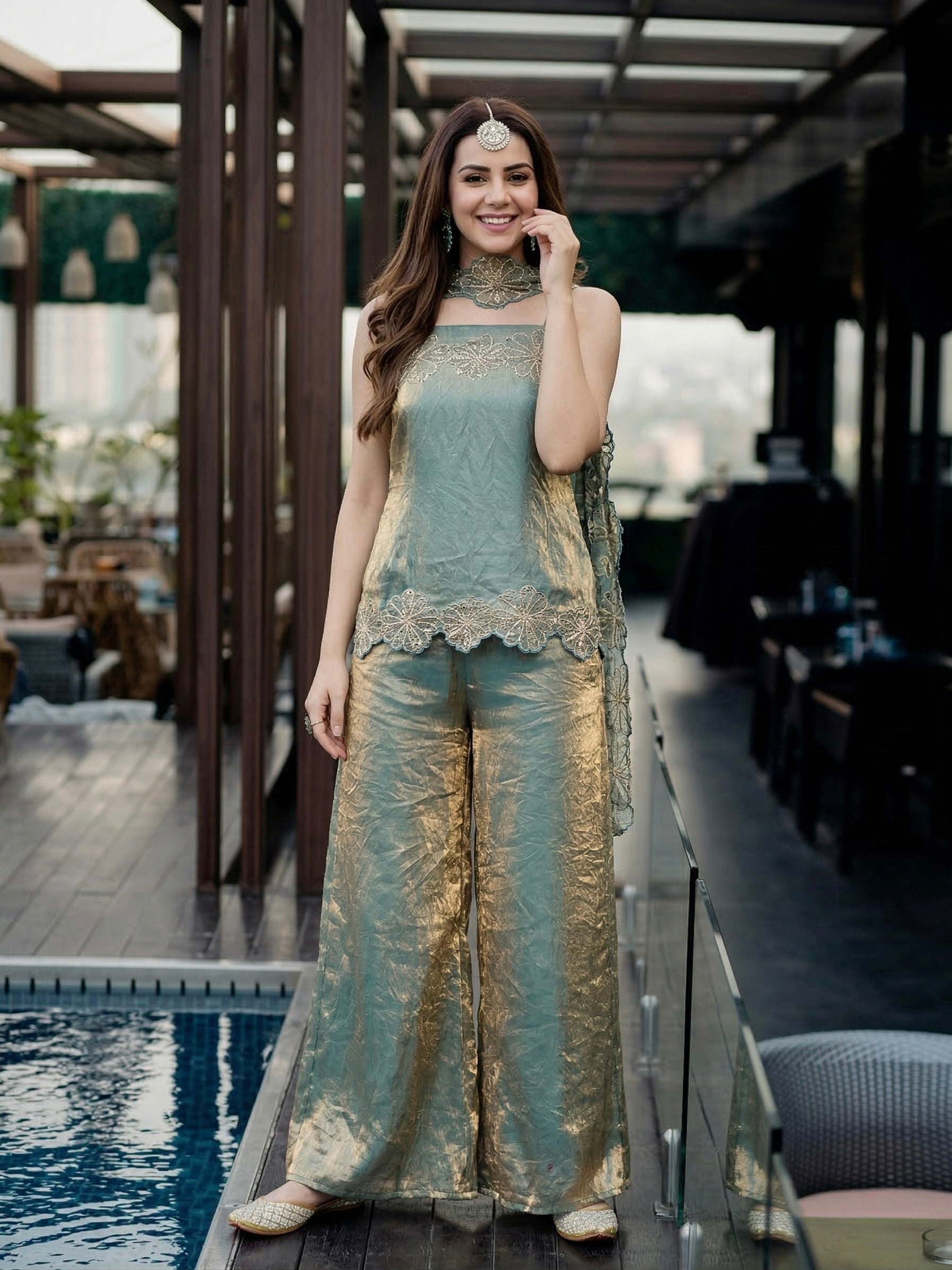 Blue Embroidered Silk Top & Palazzo Set With Dupatta for women