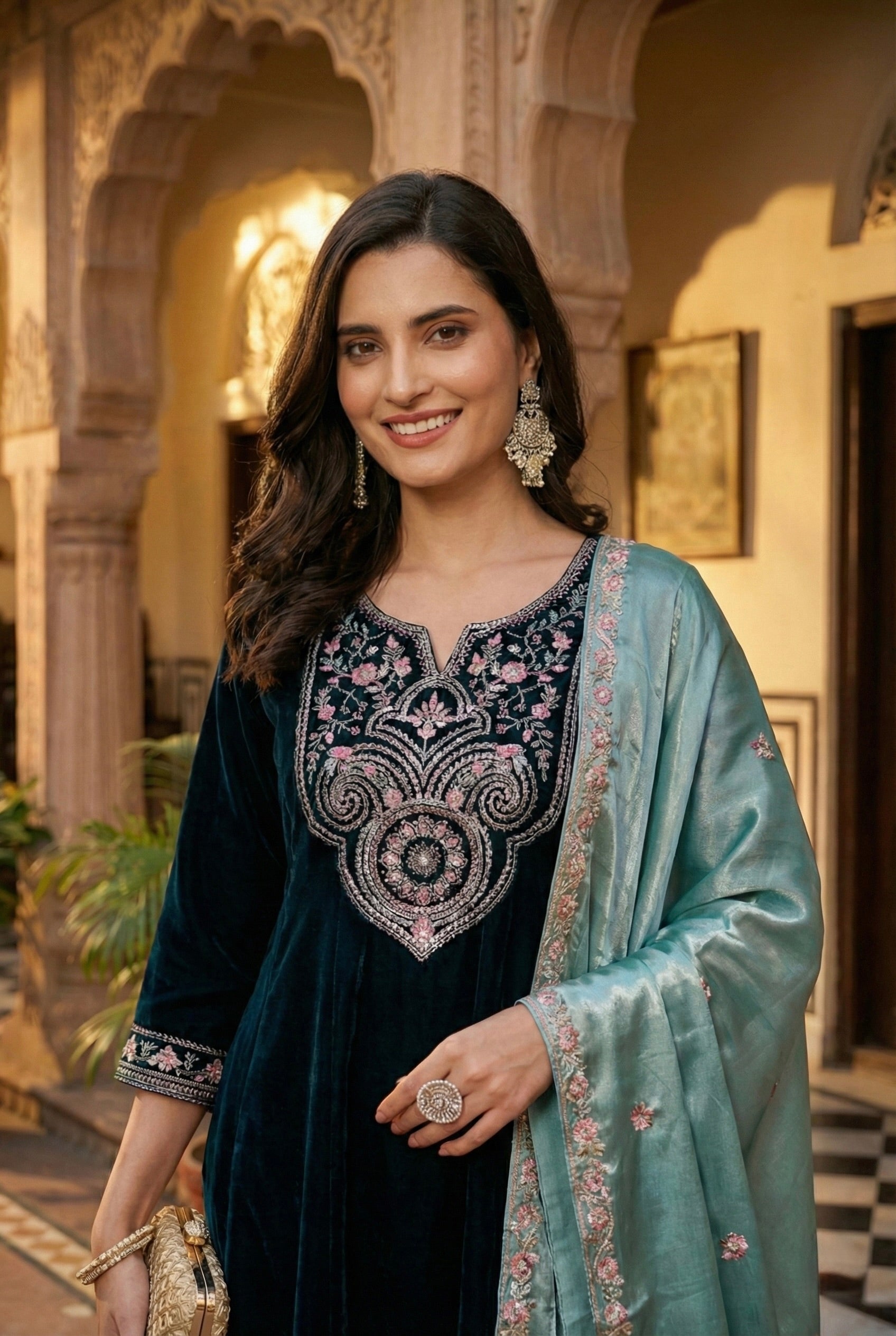 Teal Blue Solid Velvet Anarkali Suit With Dupatta