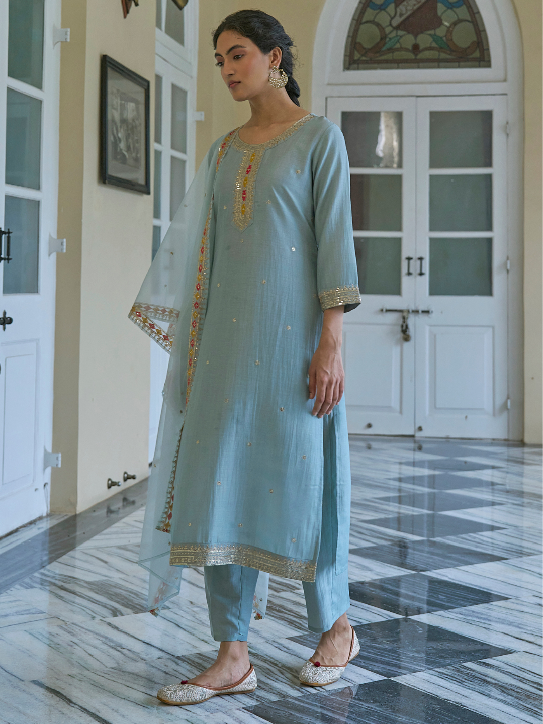 Sky Blue Embroidered chinon kurta with dupatta set