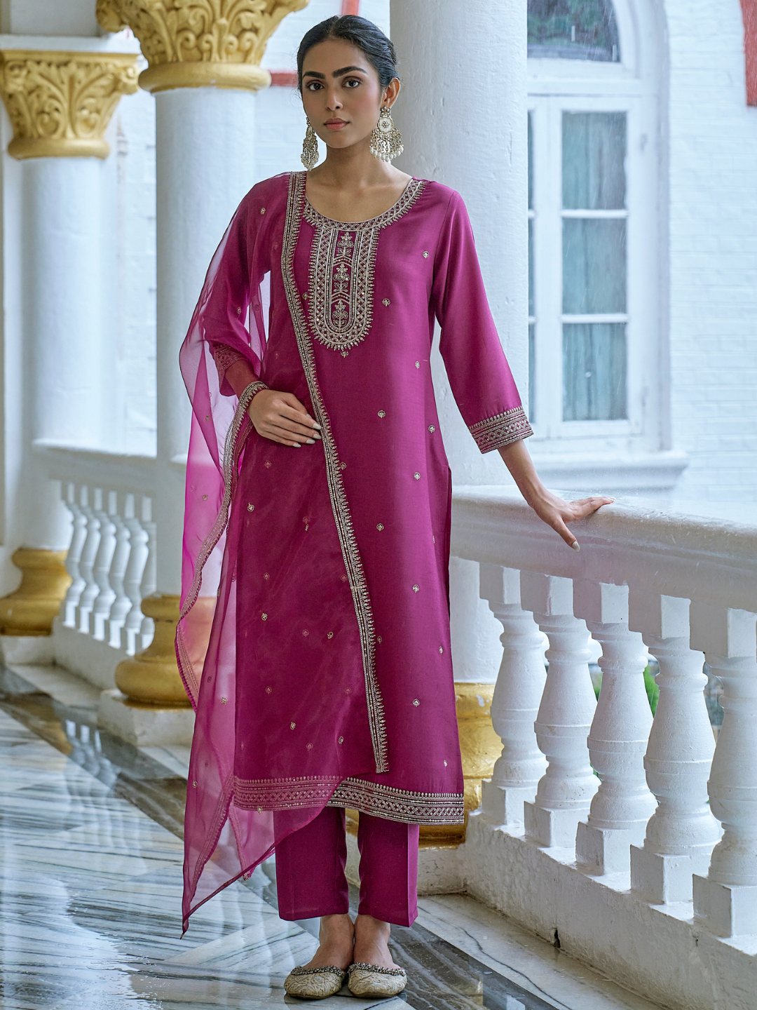 Onion Chinon solid Embroidered Kurta set with dupatta for women
