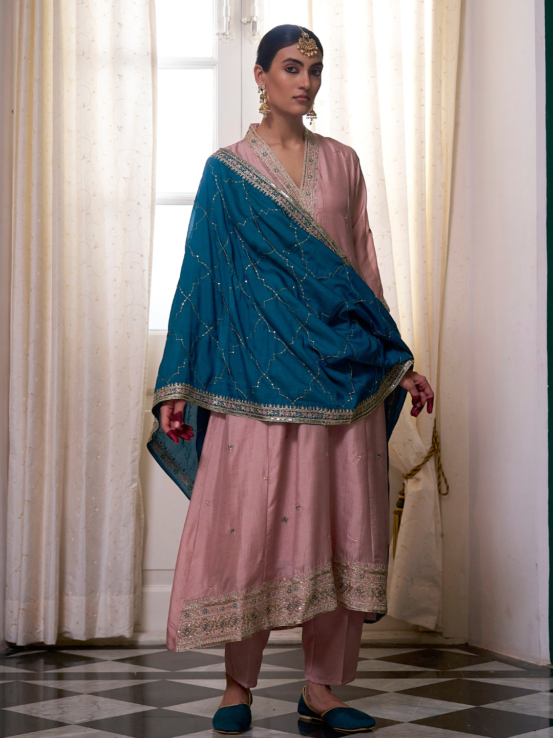 Pink Embroidered Silk Anarkali Kurta With Dupatta Set