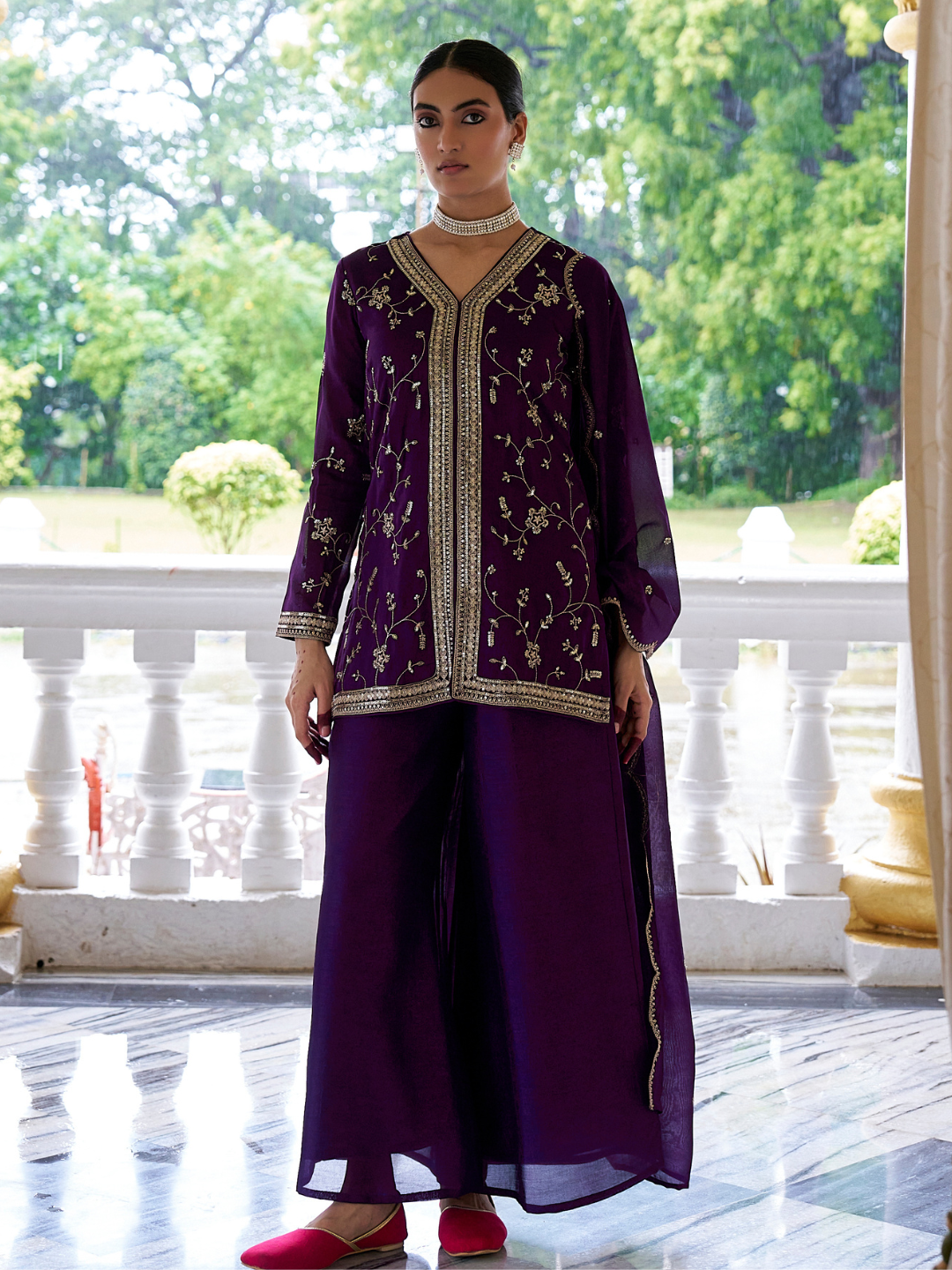 Violet Embroidered Peplum Top with Sharara Set