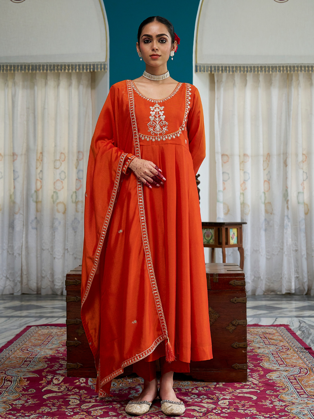 Orange Embroidered Silk Anarkali Kurta With Dupatta Set