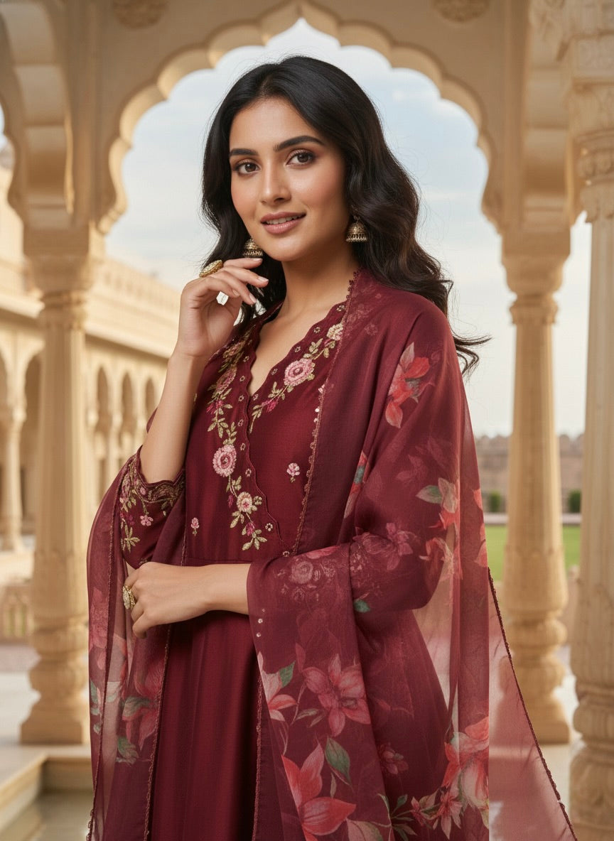 Maroon Embroidered Anarkali Kurta Set with Printed Dupatta