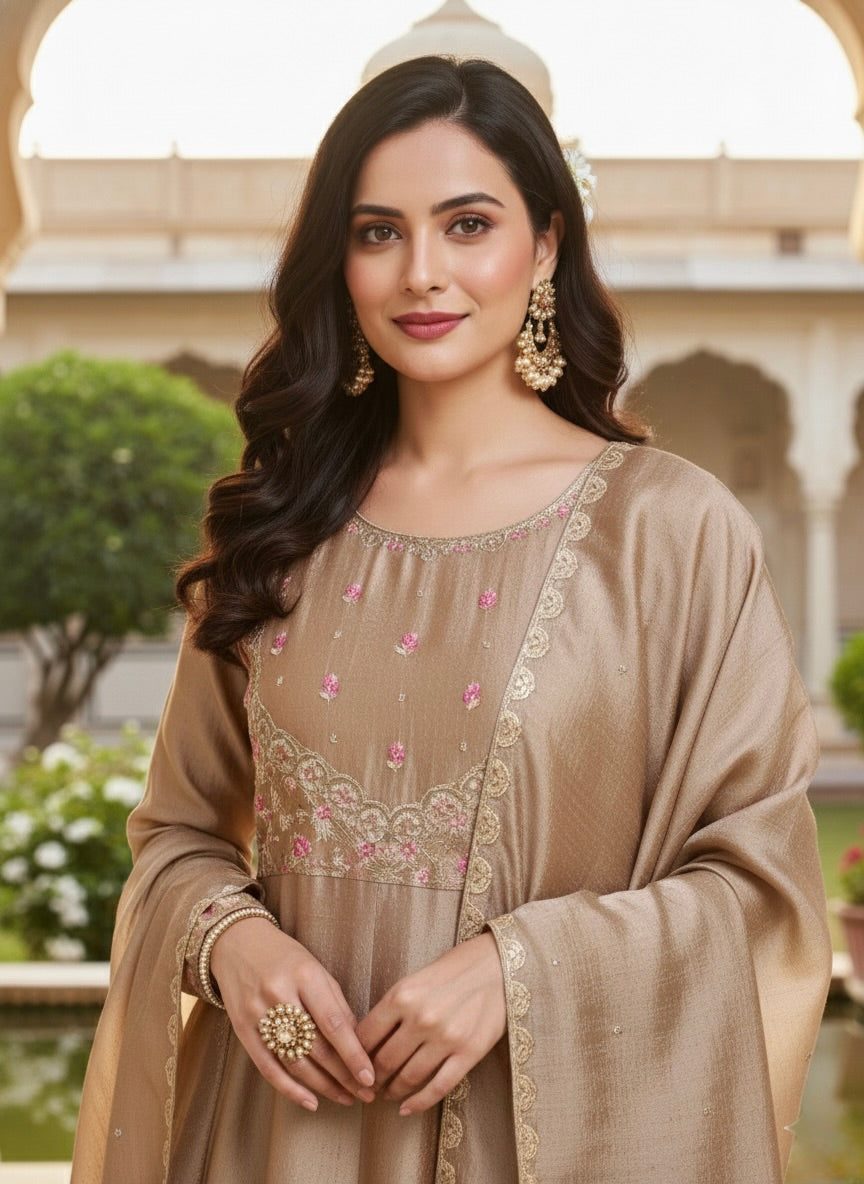 Grey Embroidered Silk Anarkali Kurta With Dupatta Set