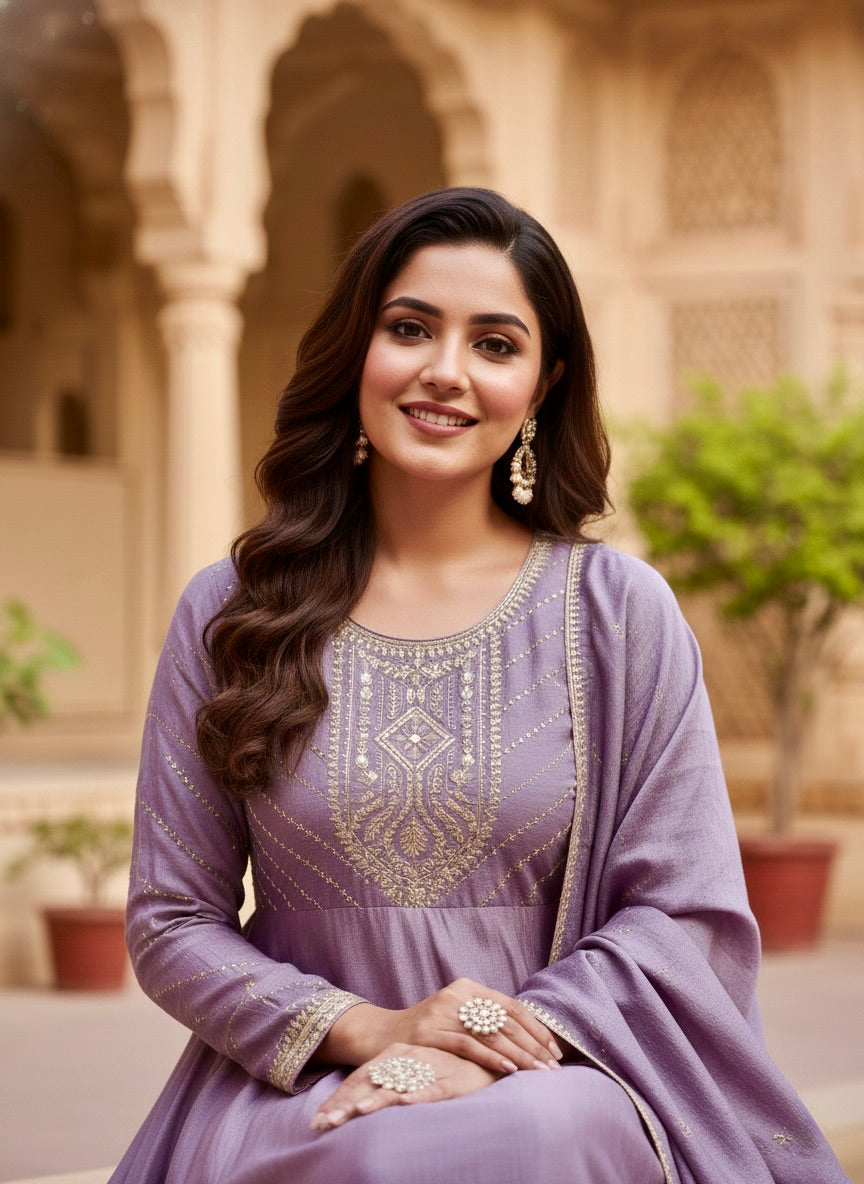 Dark Purple Embroidered Silk Anarkali Kurta With Dupatta Set