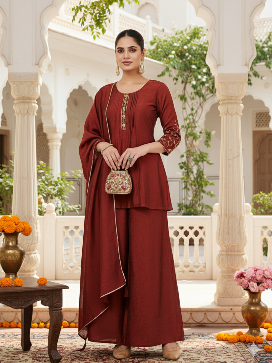 Brown Embroidered Peplum Top with Sharara Set